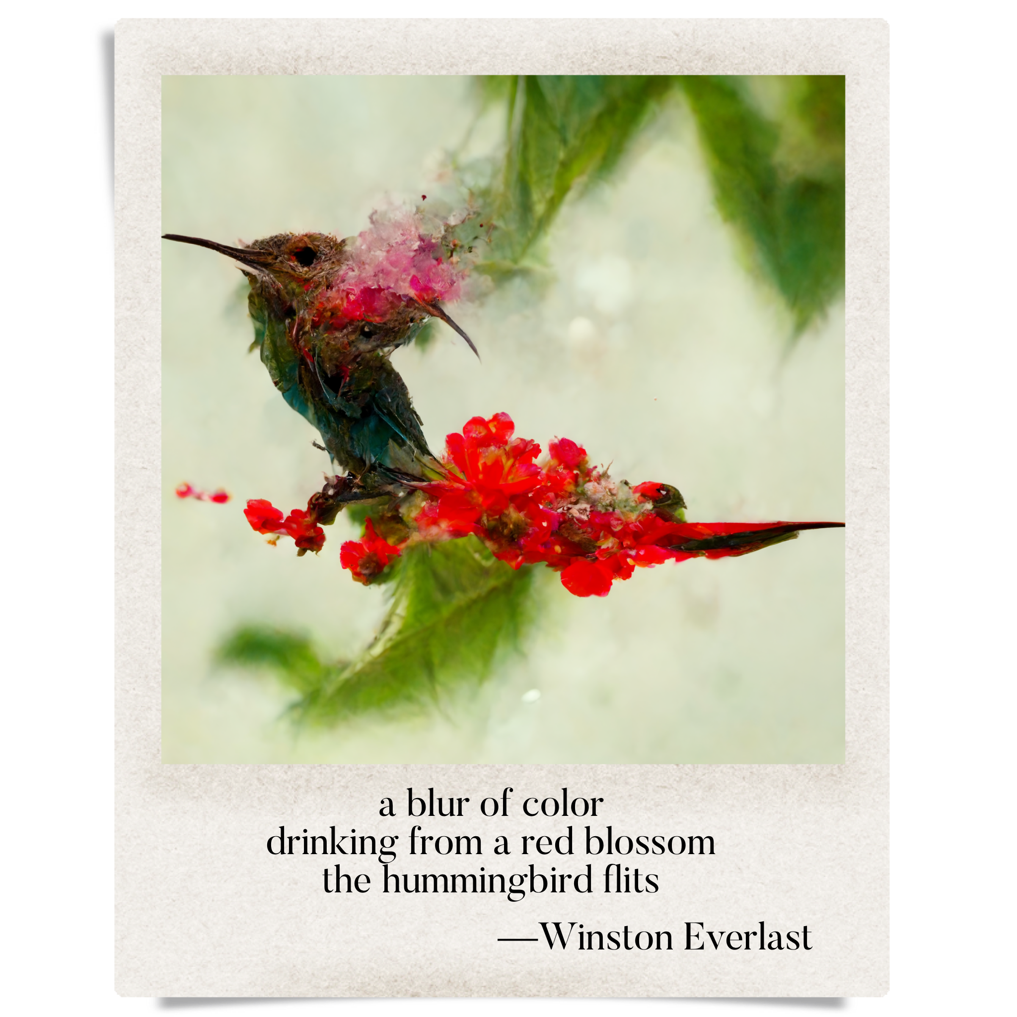 a blur of color / drinking from a red blossom / the hummingbird flits — haiga by Winston Everlast