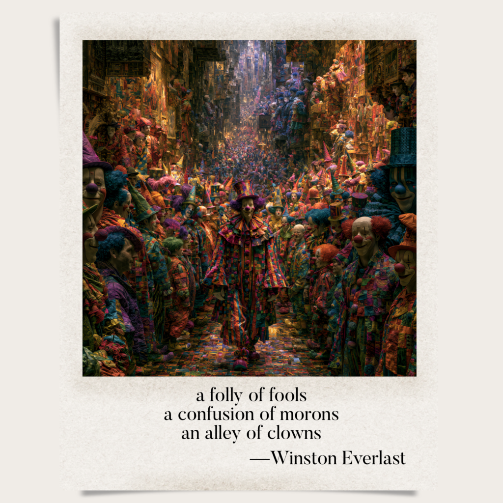 a folly of fools / a confusion of morons / an alley of clowns — haiga by Winston Everlast