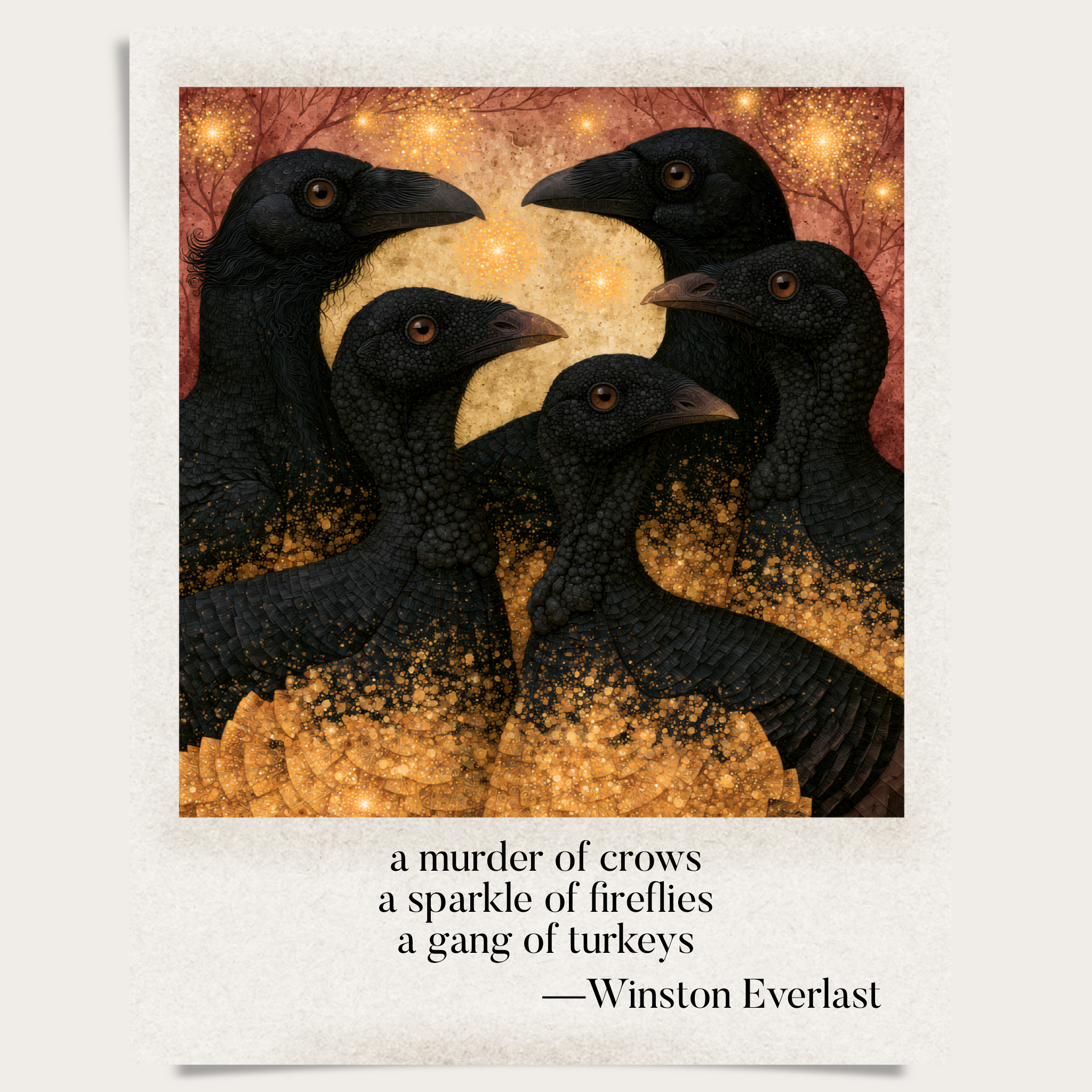a murder of crows / a sparkle of fireflies / a gang of turkeys — haiga by Winston Everlast