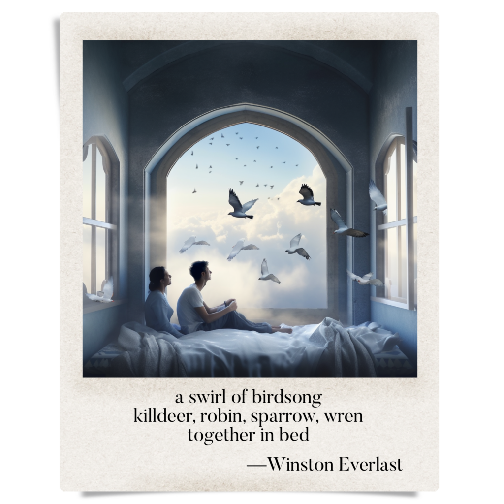 a swirl of birdsong / killdeer, robin, sparrow, wren / together in bed — haiga by Winston Everlast