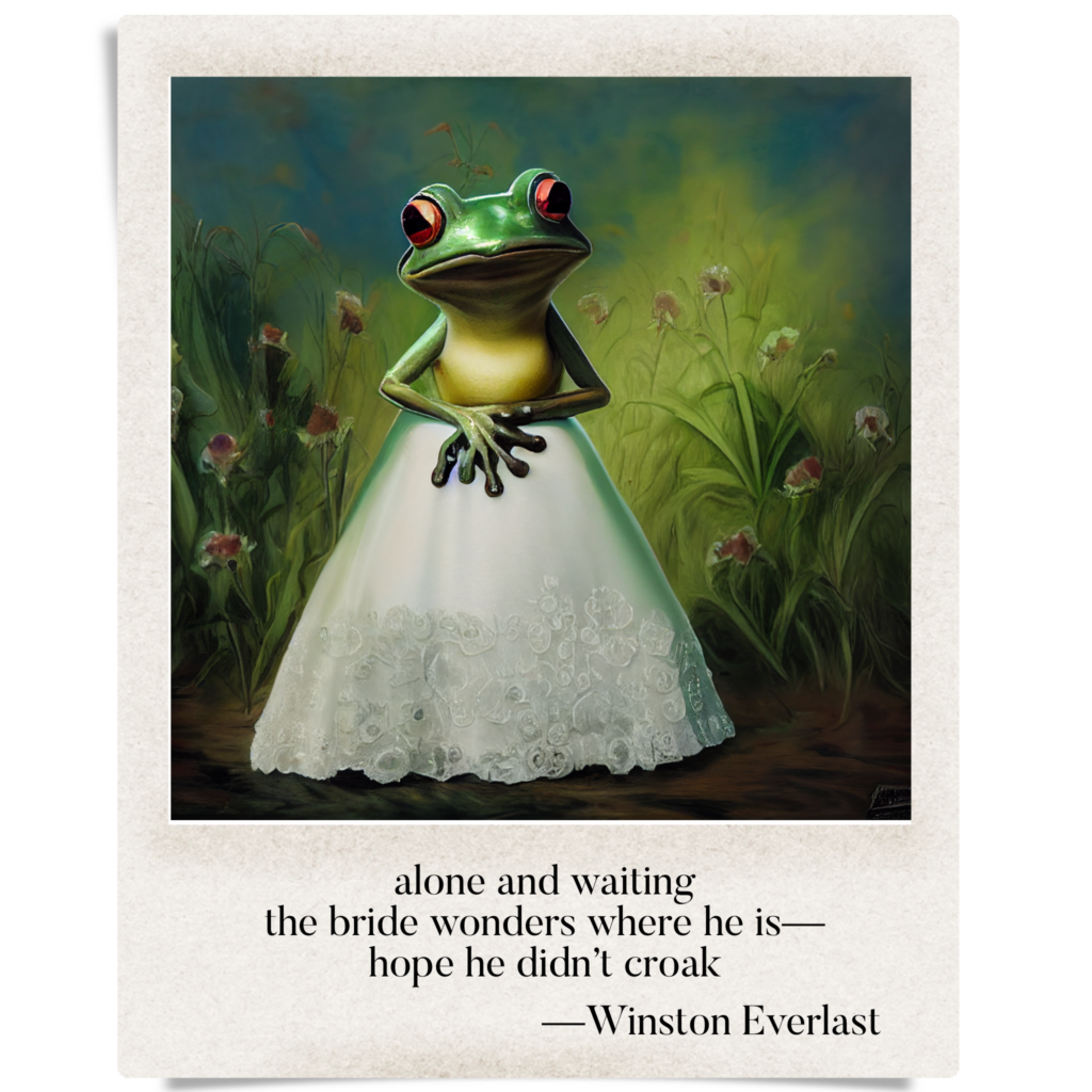 alone and waiting / the bride wonders where he is— / hope he didn't croak — haiga by Winston Everlast