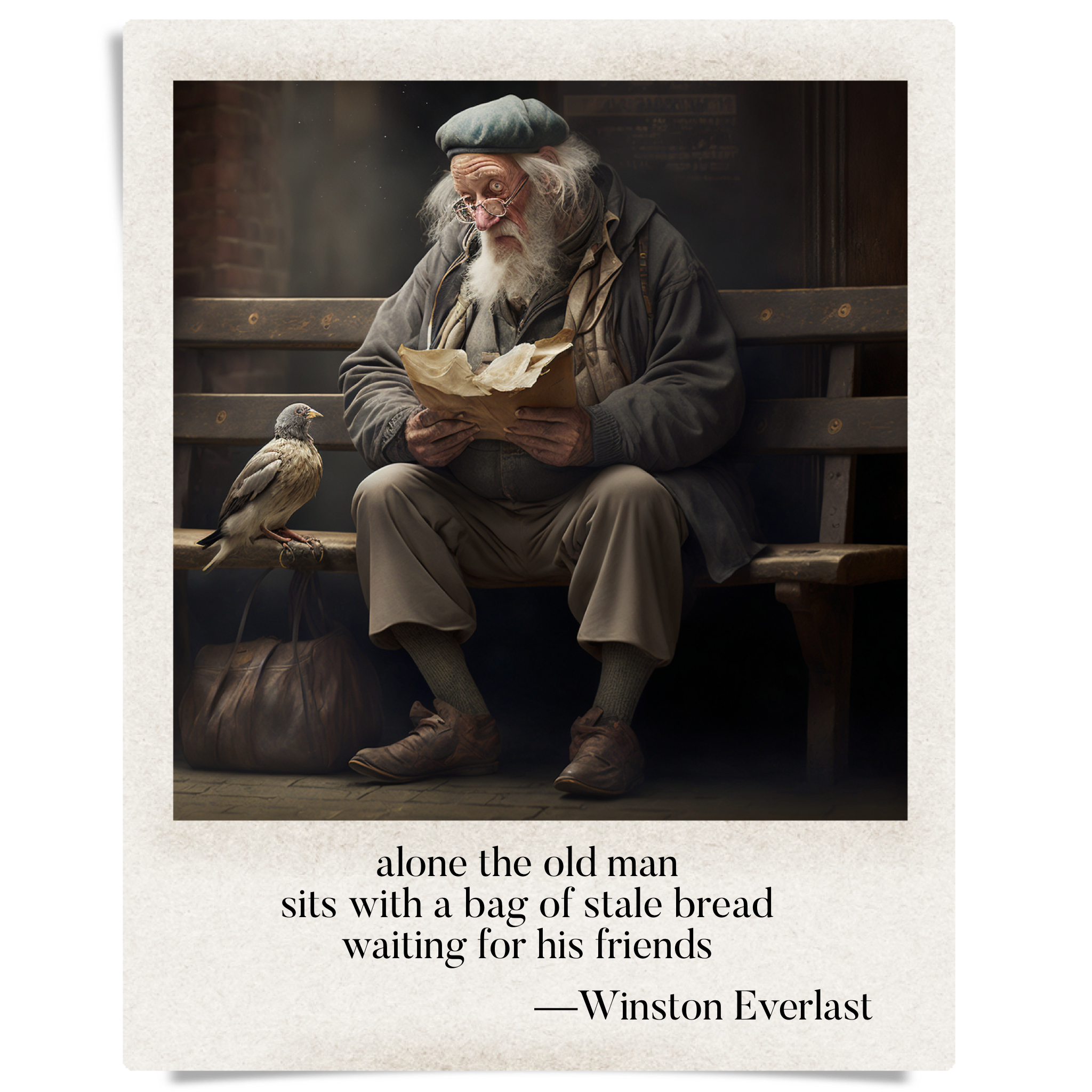 alone the old man / sits with a bag of stale bread / wailing for his friends — haiga by Winston Everlast