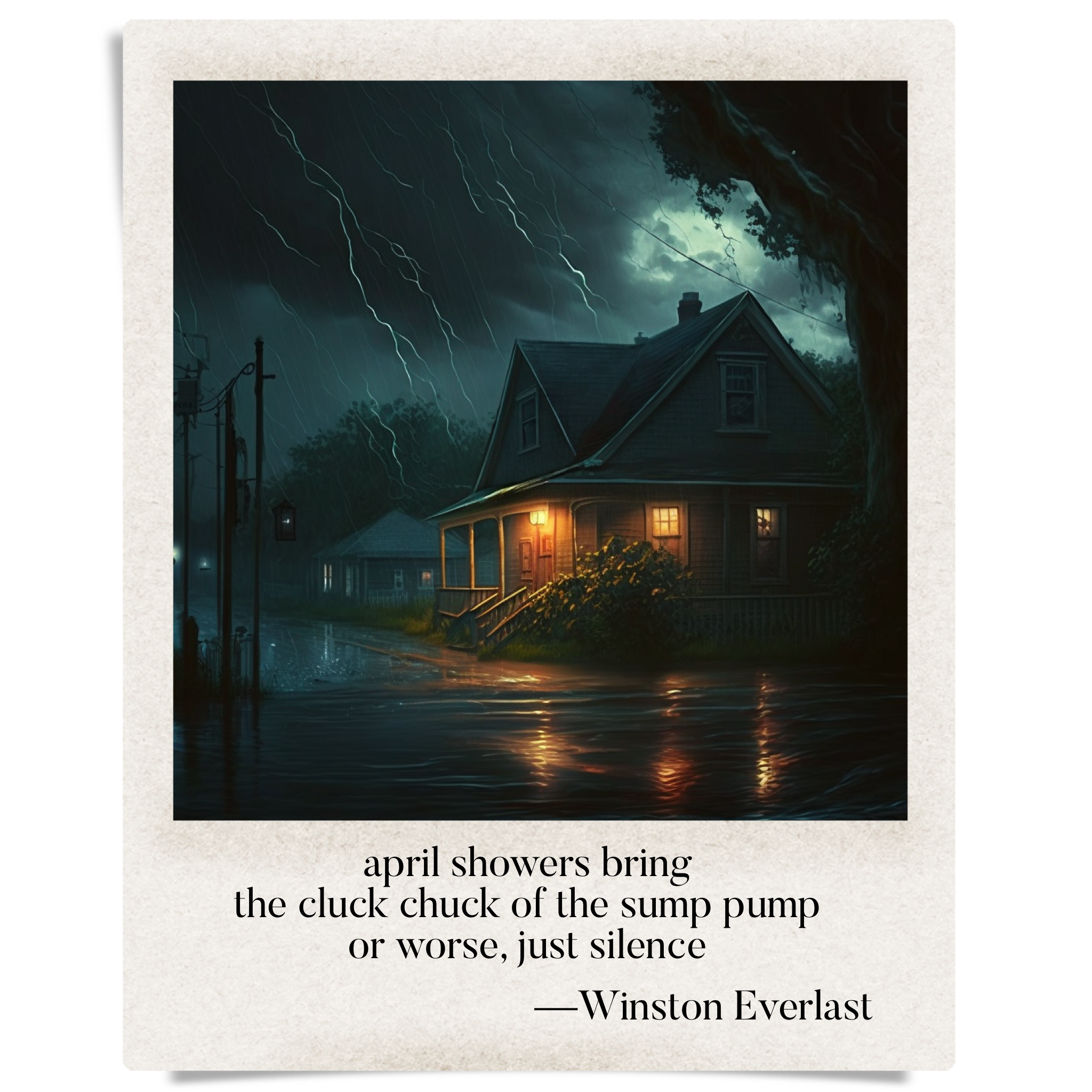 april showers bring / the cluck chuck of the sump pump / or worse, just silence — haiga by Winston Everlast
