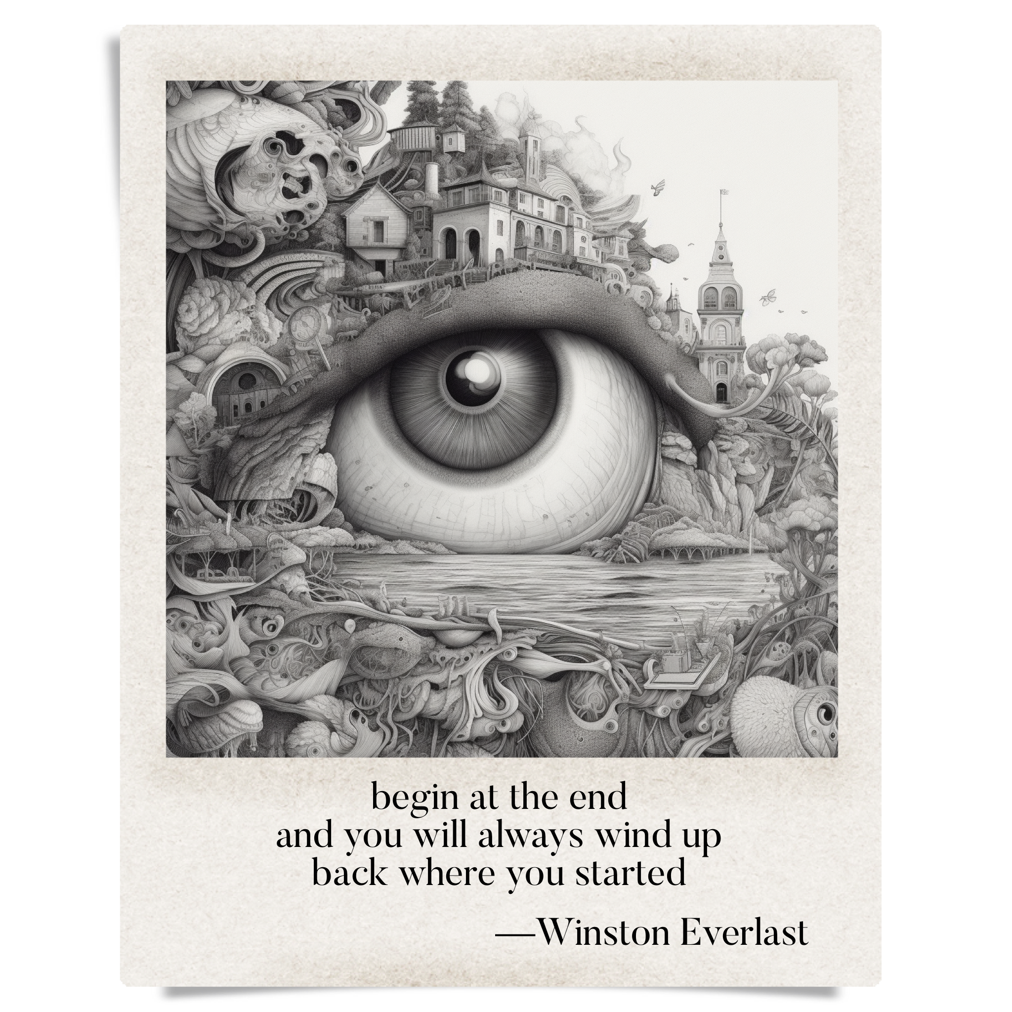 begin at the end / and you will always wind up / back where you started — haiga by Winston Everlast