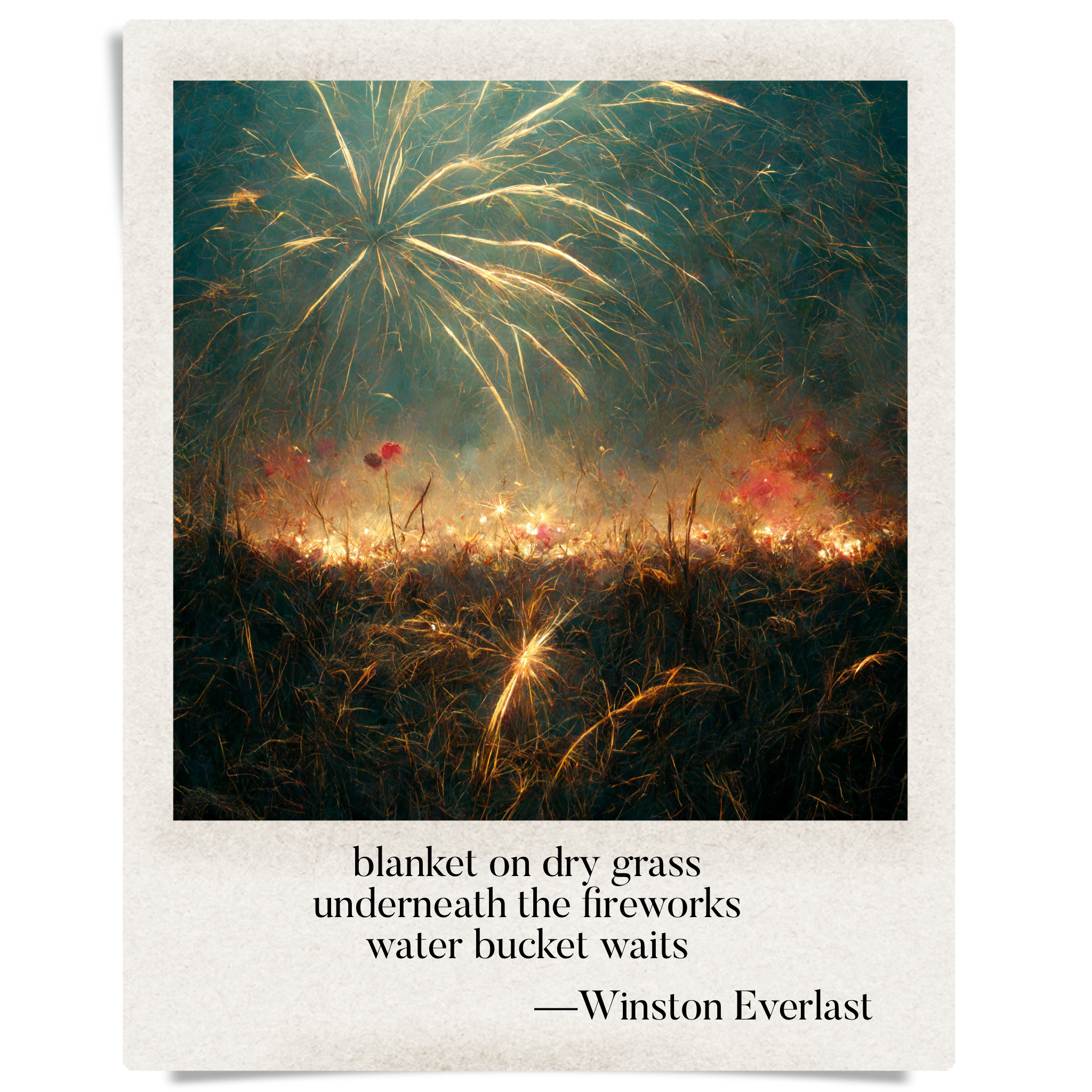 blanket on dry grass / underneath the fireworks / water bucket waits — haiga by Winston Everlast