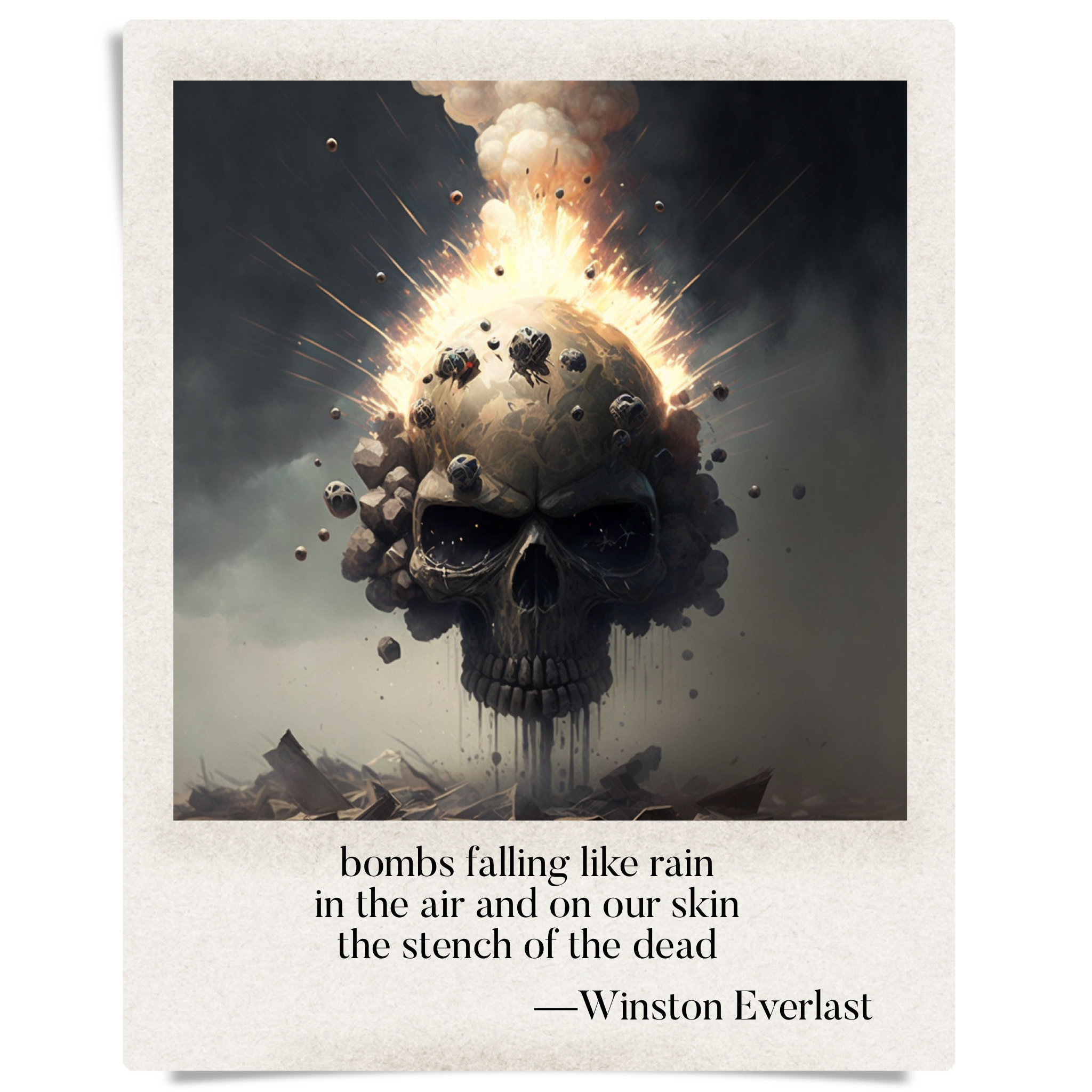 bombs falling like rain / in the air and on our skin / the stench of the dead — haiga by Winston Everlast