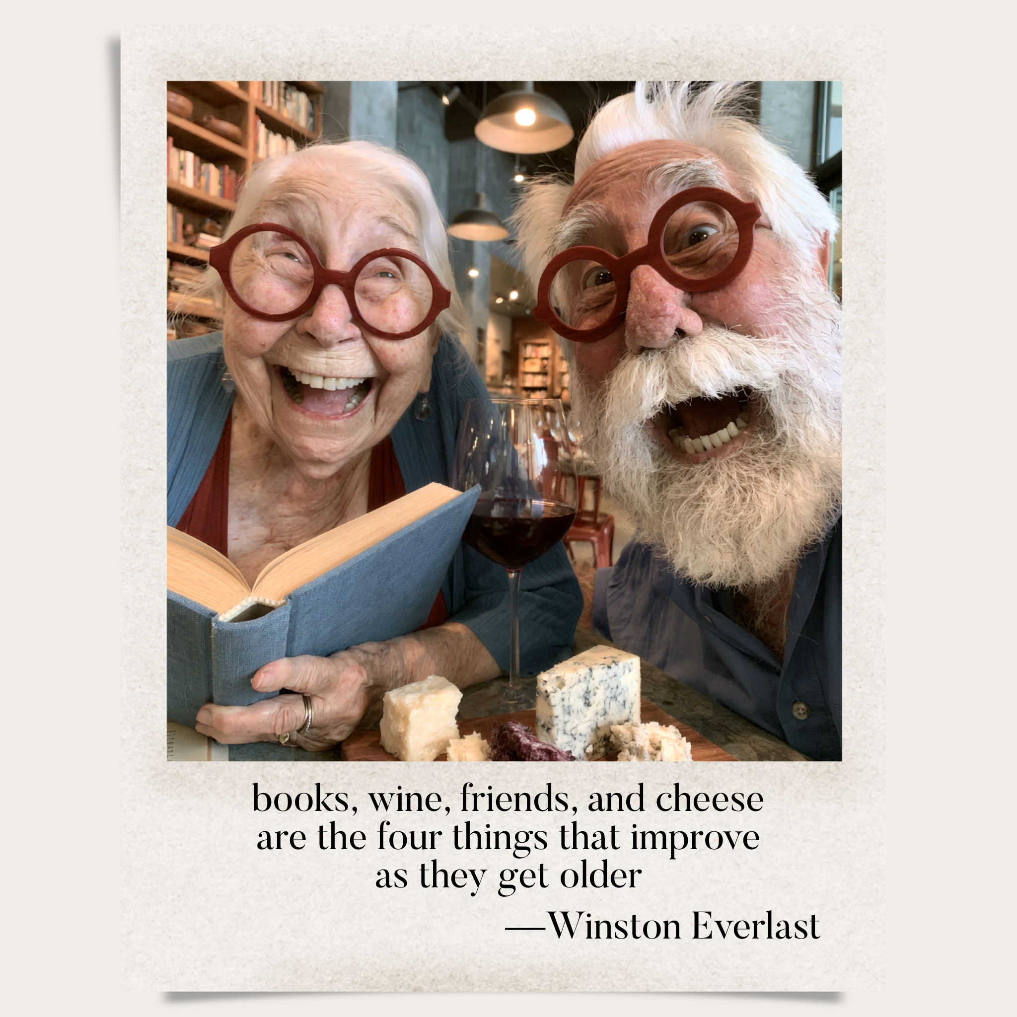 books, wine, friends, and cheese / are the four things that improve / as they get older — haiga by Winston Everlast