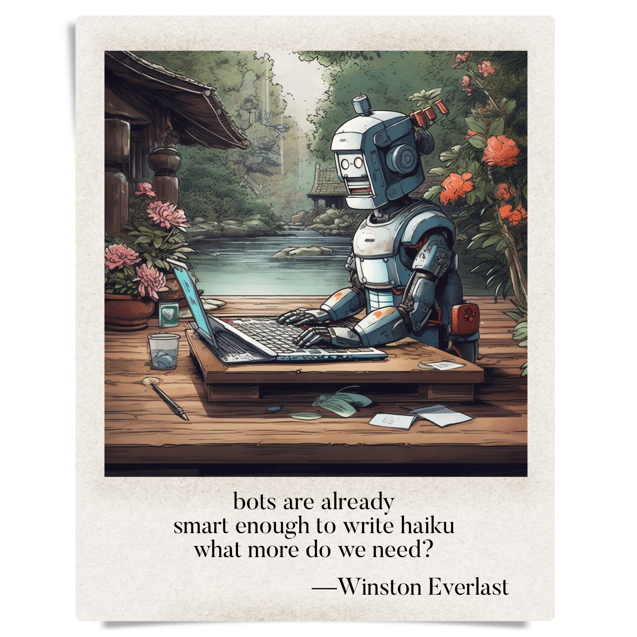 bots are already / smart enough to write haiku / what more do we need? — haiga by Winston Everlast