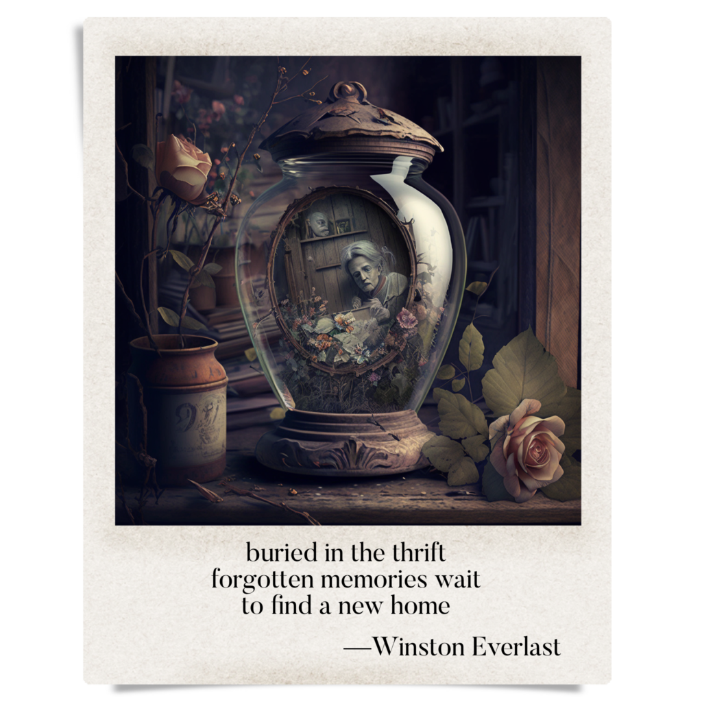 buried in the thrift / forgotten memories wail / to find a new home — haiga by Winston Everlast