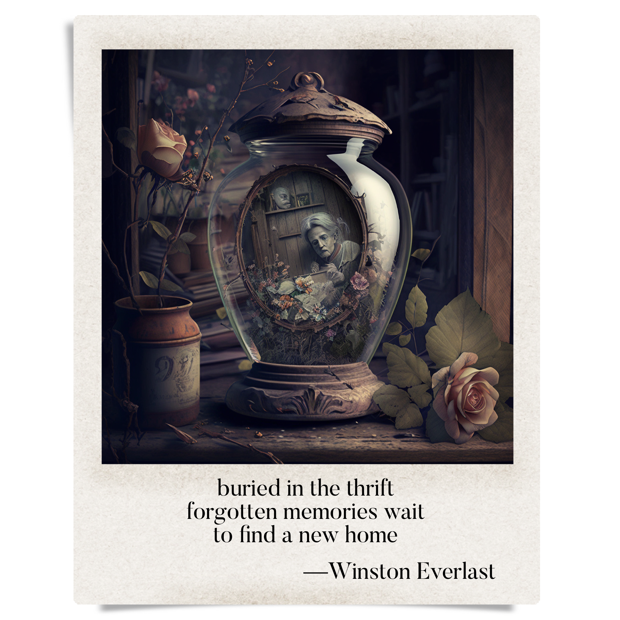 buried in the thrift / forgotten memories wail / to find a new home — haiga by Winston Everlast