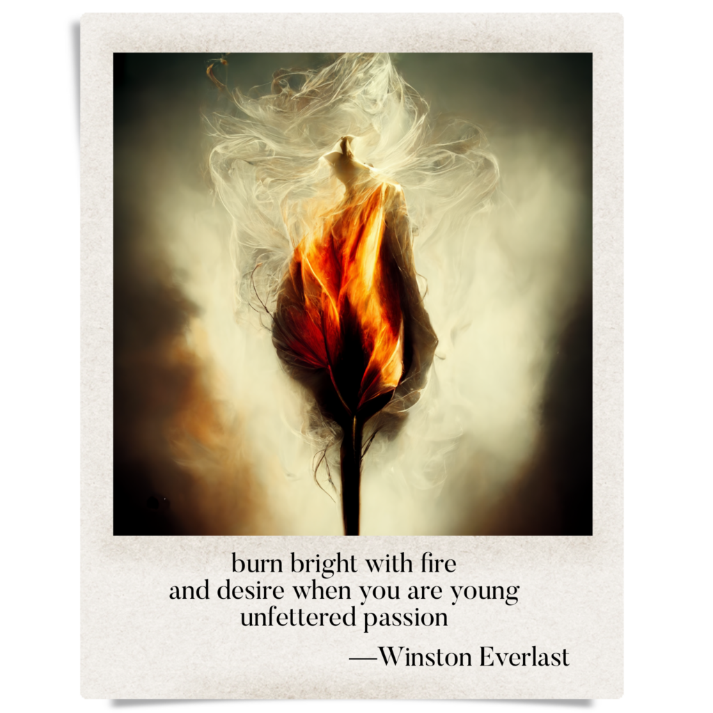 burn bright with fire / and desire when you are young / unfettered passion — haiga by Winston Everlast