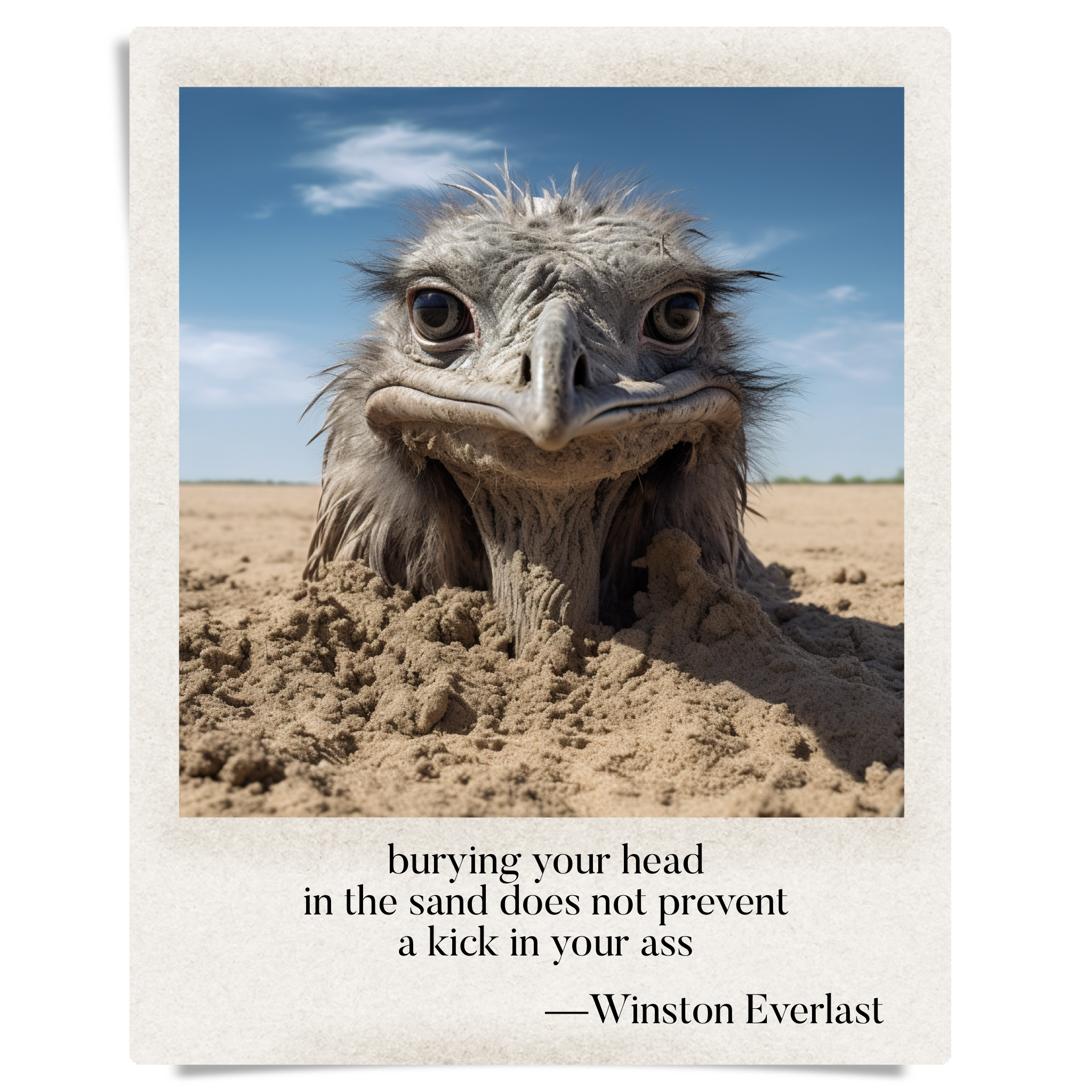 burying your head / in the sand does not prevent / a kick in your ass — haiga by Winston Everlast