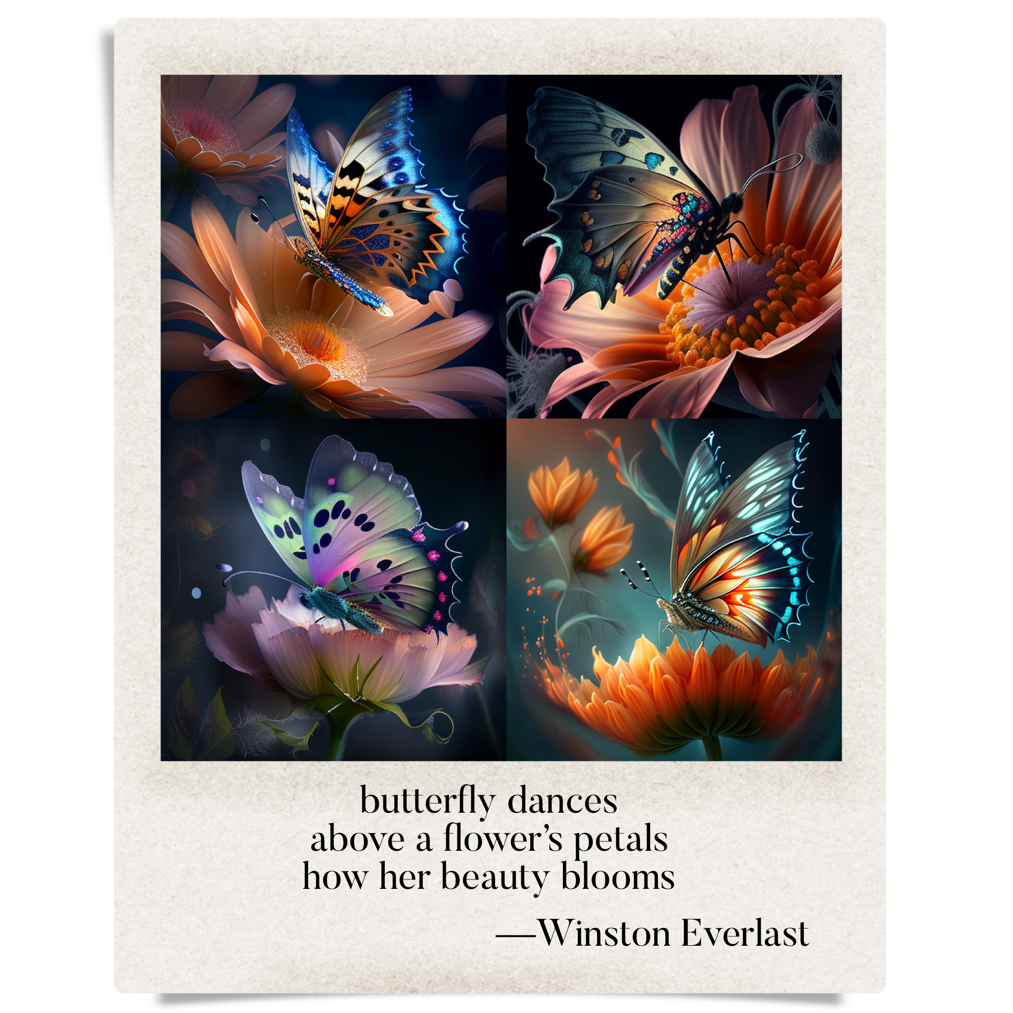 butterfly dances / above a flower's petals / how her beauty blooms — haiga by Winston Everlast