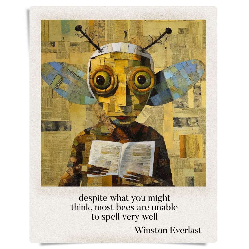 despite what you might / think, most bees are unable / to spell very well — haiga by Winston Everlast