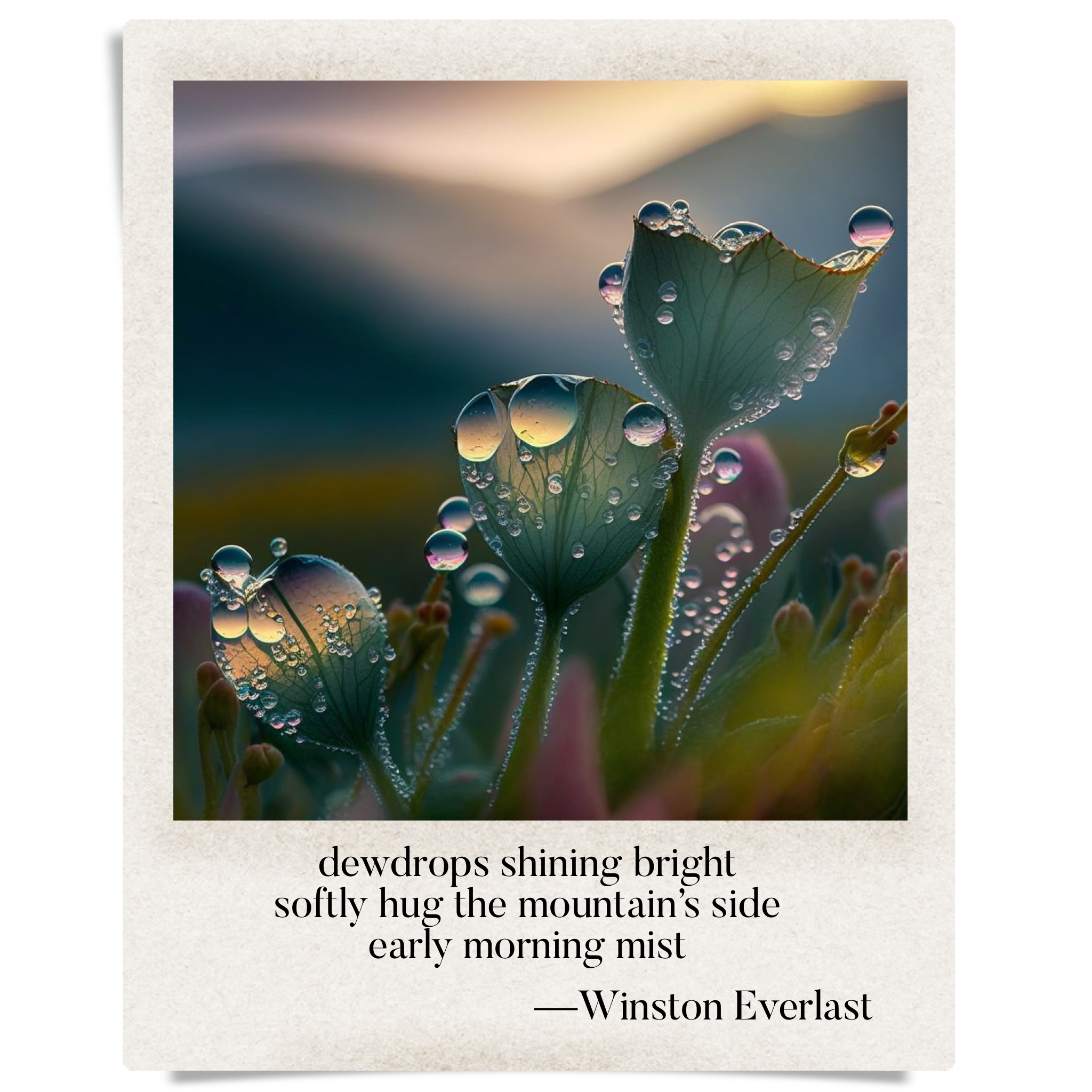 dewdrops shining bright / softly hug the mountain's side / early morning mist — haiga by Winston Everlast