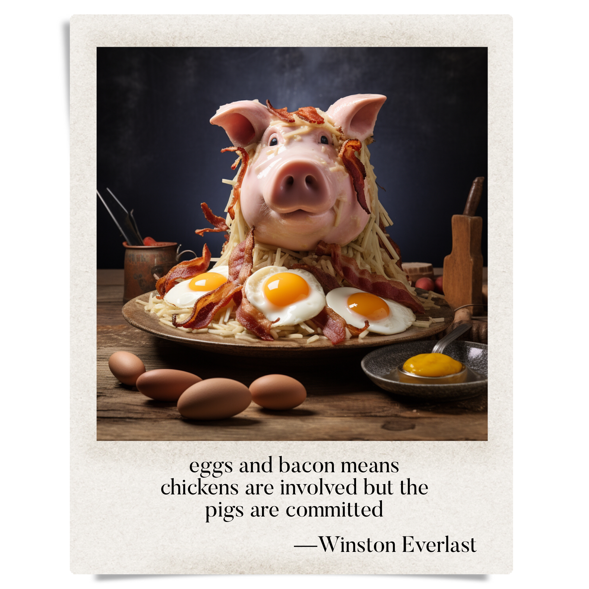 eggs and bacon means / chickens are involved but the / pigs are committed — haiga by Winston Everlast
