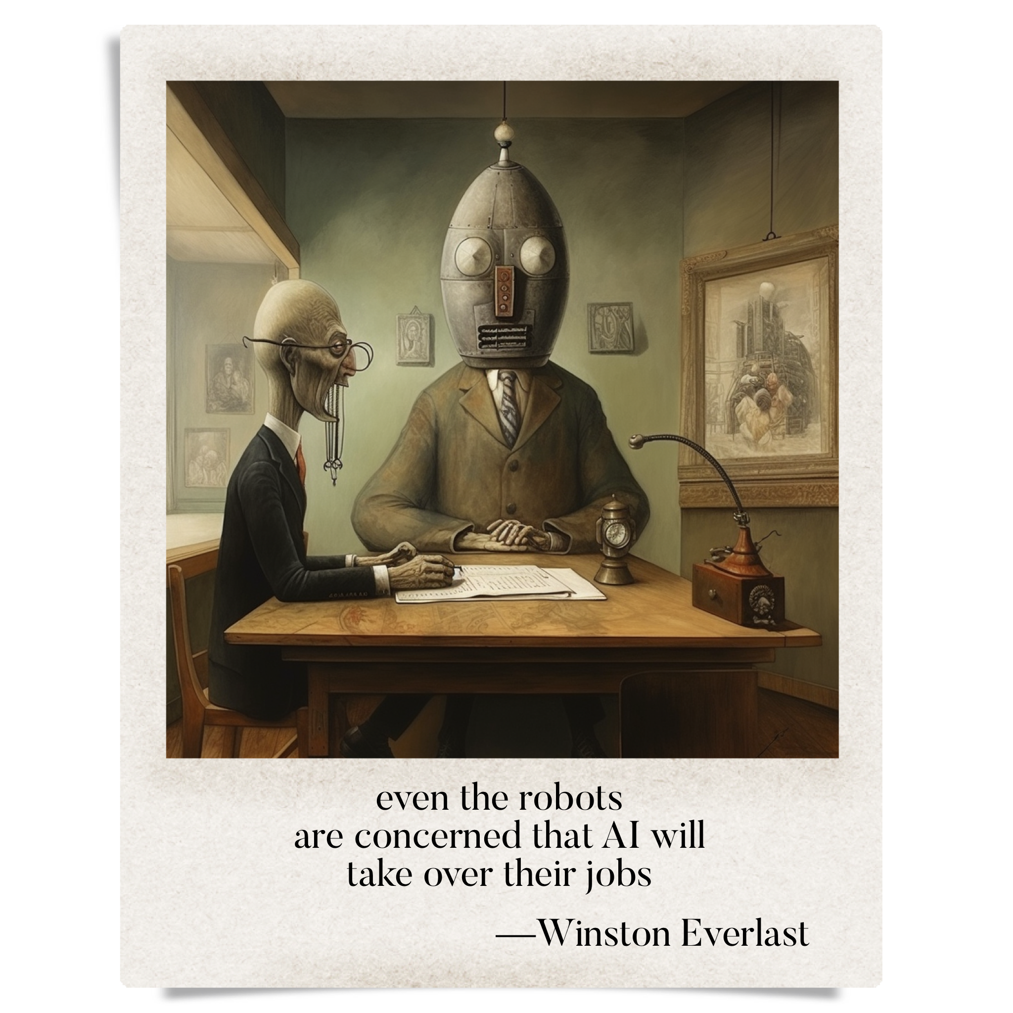even the robots / are concerned that AI will / take over their jobs — haiga by Winston Everlast