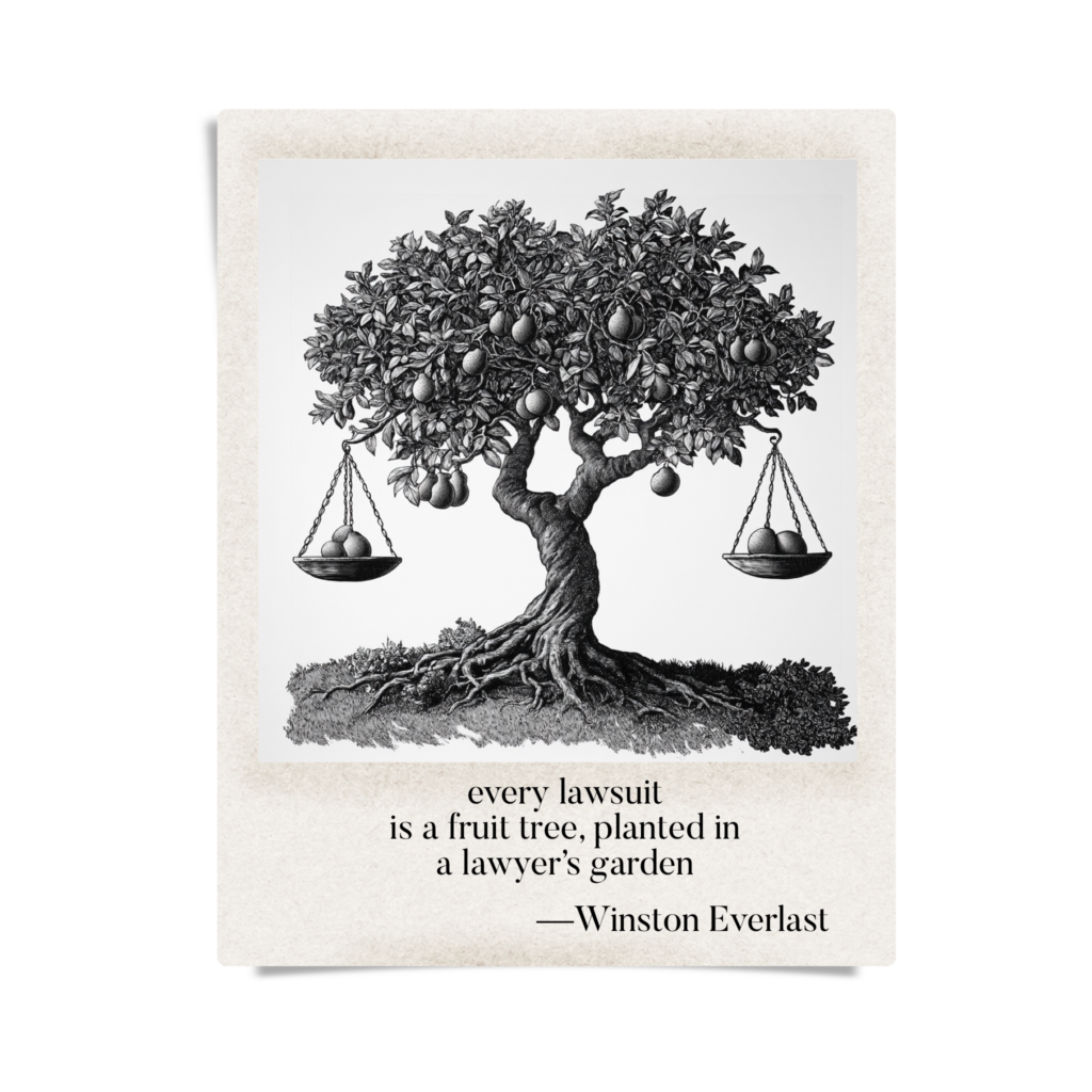 every lawsuit / is a fruit tree, planted in / a lawyer’s garden — haiga by Winston Everlast