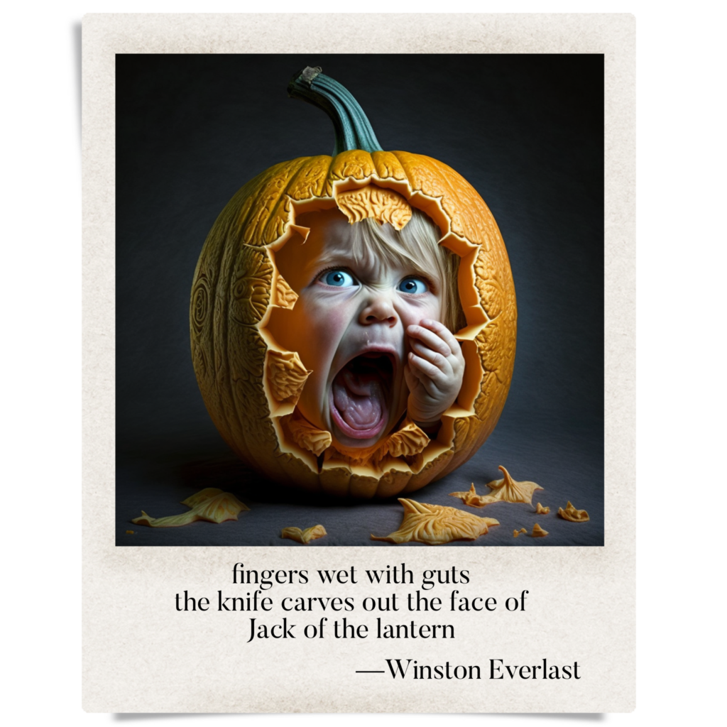 fingers wet with guts / the knife carves out the face of / Jack of the lantern — haiga by Winston Everlast
