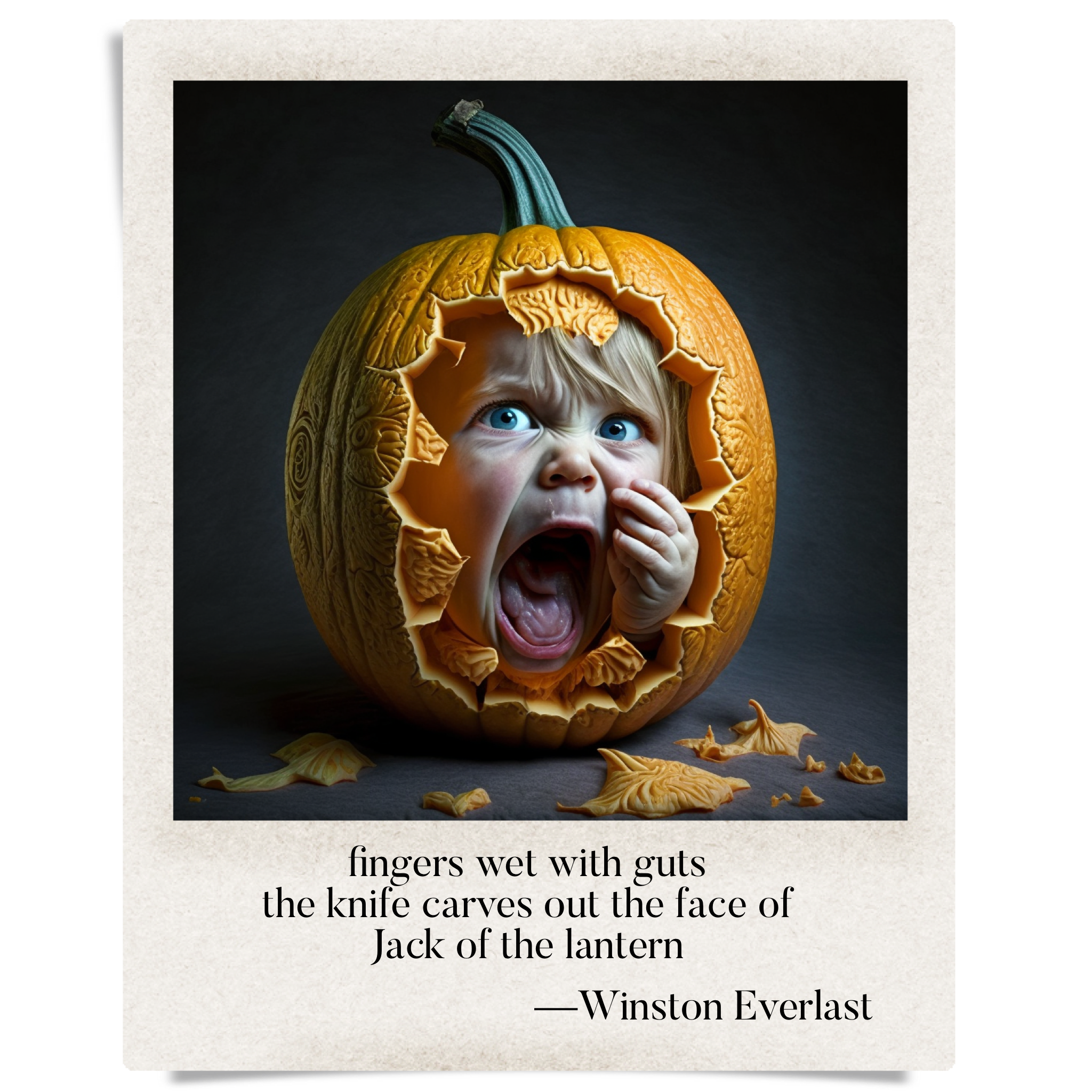 fingers wet with guts / the knife carves out the face of / Jack of the lantern — haiga by Winston Everlast