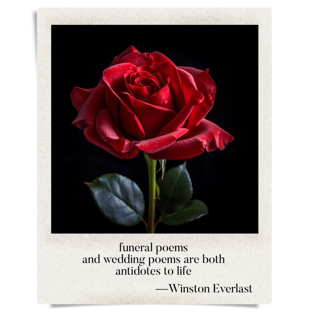 funeral poems / and wedding poems are both / antidotes to life — haiga by Winston Everlast