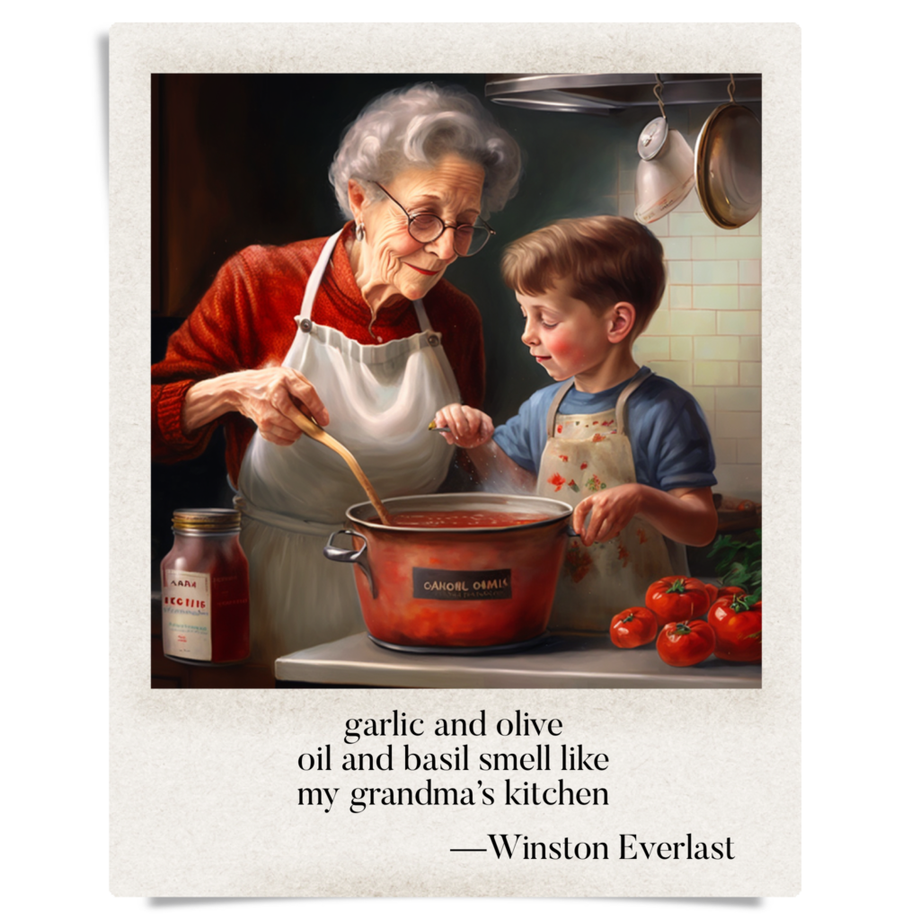 garlic and olive / oil and basil smell like / my grandma's kitchen — haiga by Winston Everlast