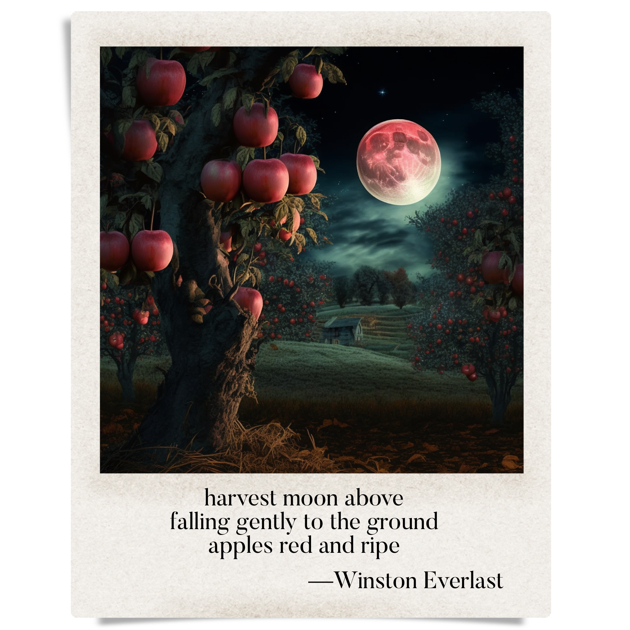 harvest moon above / falling gently to the ground / apples red and ripe — haiga by Winston Everlast