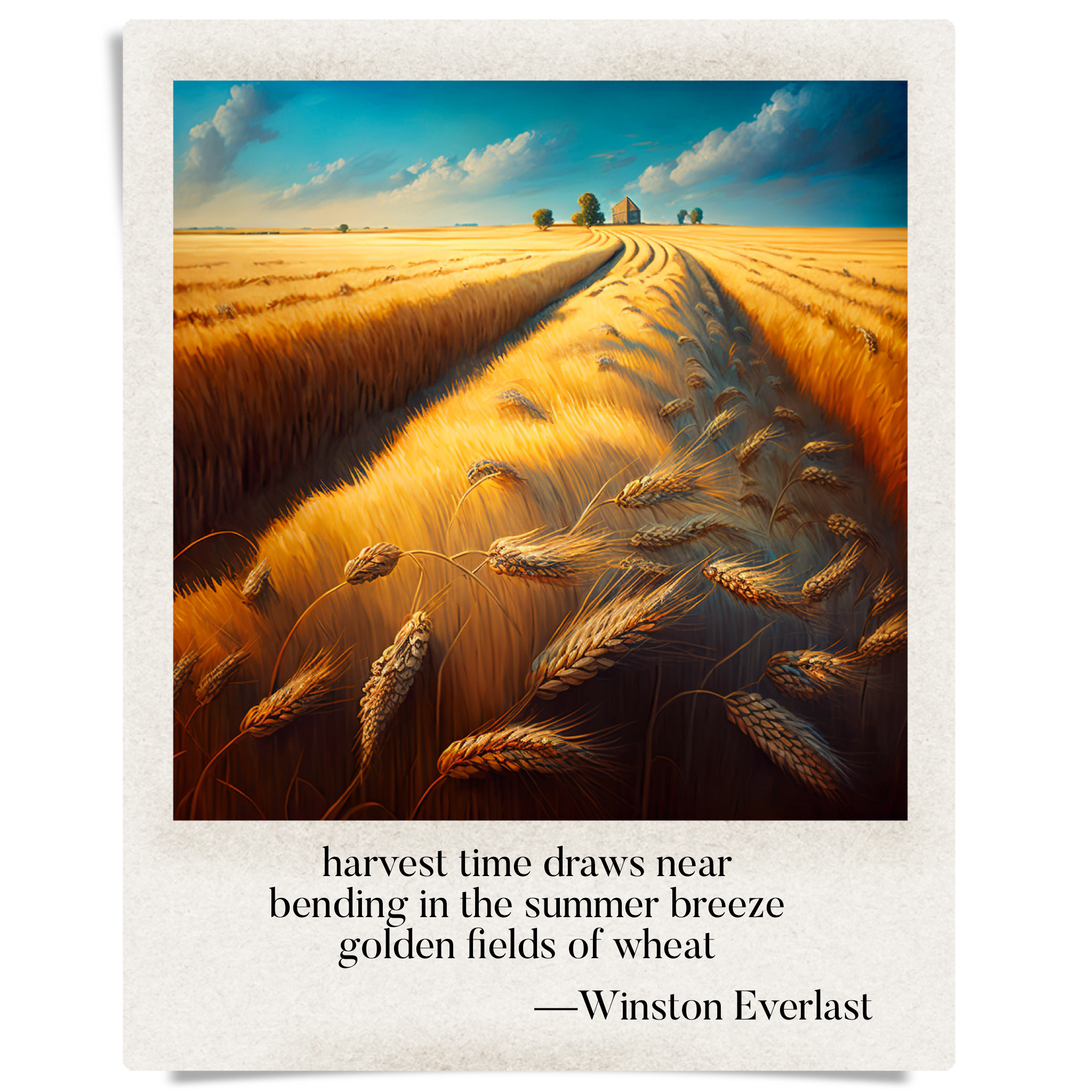 harvest time draws near / bending in the summer breeze / golden fields of wheat — haiga by Winston Everlast