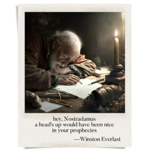 hey, Nostradamus / a head's up would have been nice / in your prophecies