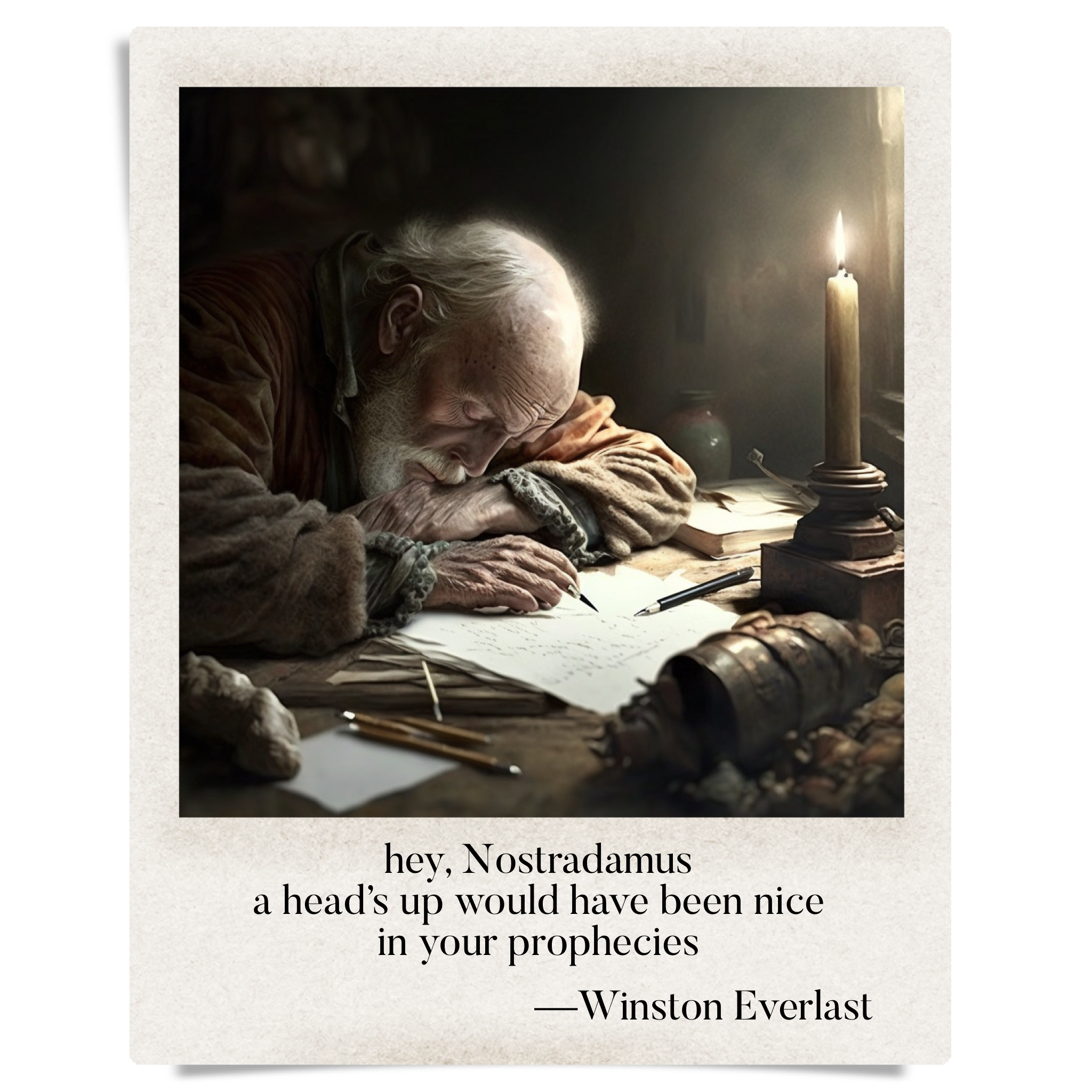 hey, Nostradamus / a head's up would have been nice / in your prophecies — haiga by Winston Everlast