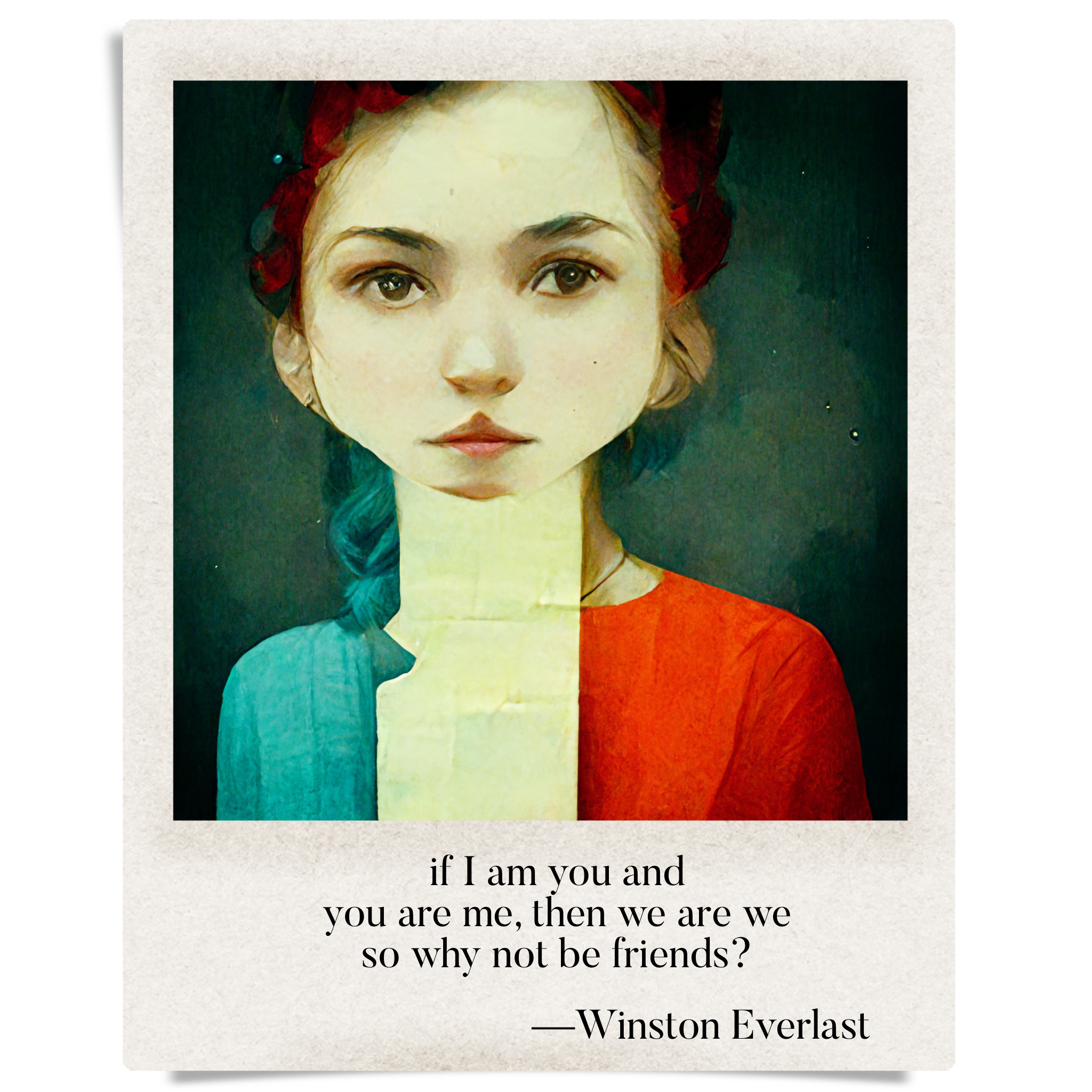 if I am you and / you are me, then we are we / so why not be friends? — haiga by Winston Everlast