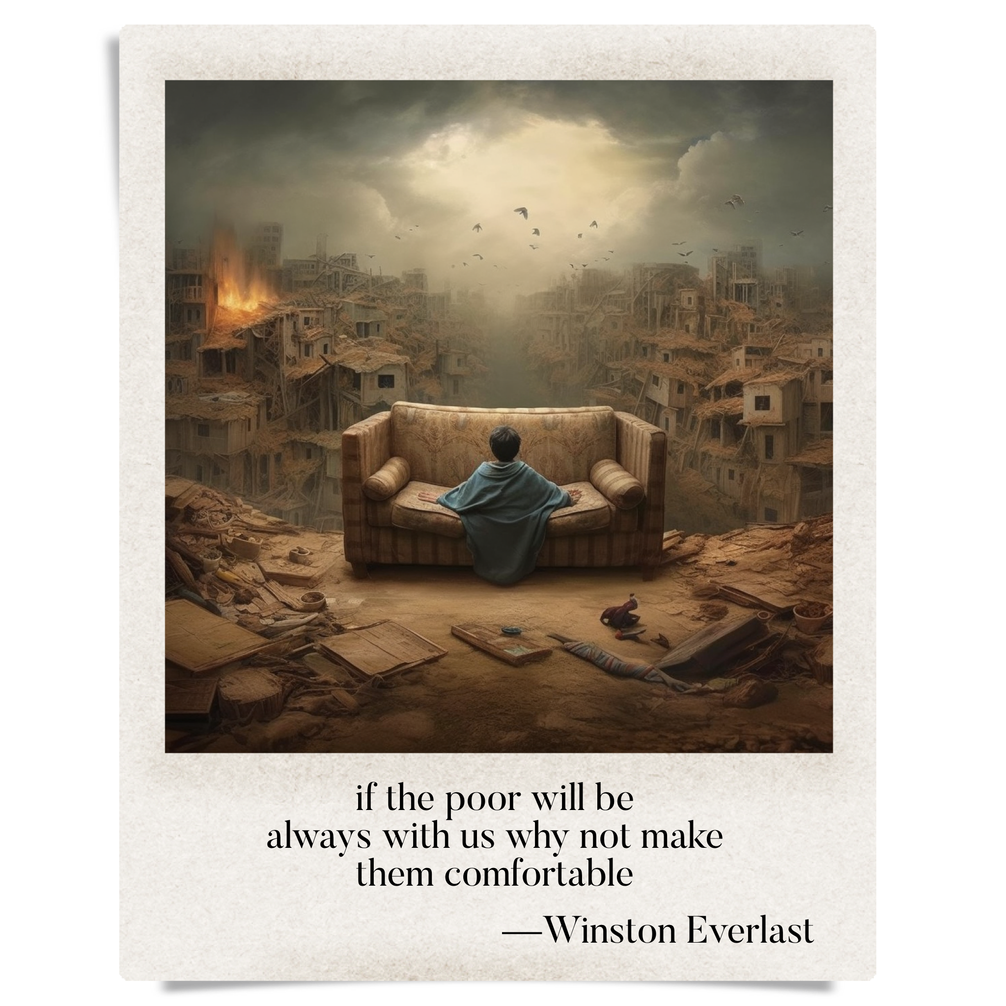 if the poor will be / always with us why not make / them comfortable — haiga by Winston Everlast