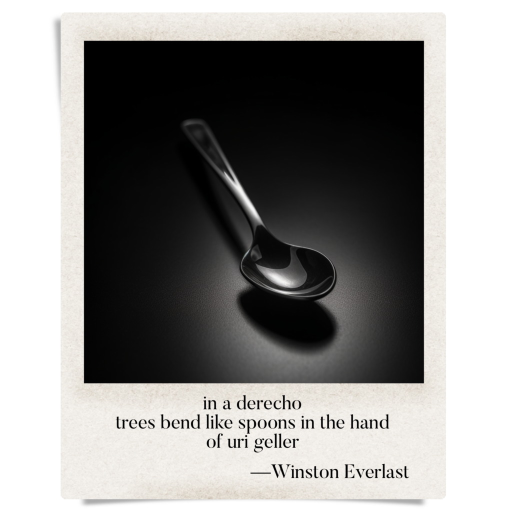 in a derecho / trees bend like spoons in the hand / of uri geller — haiga by Winston Everlast