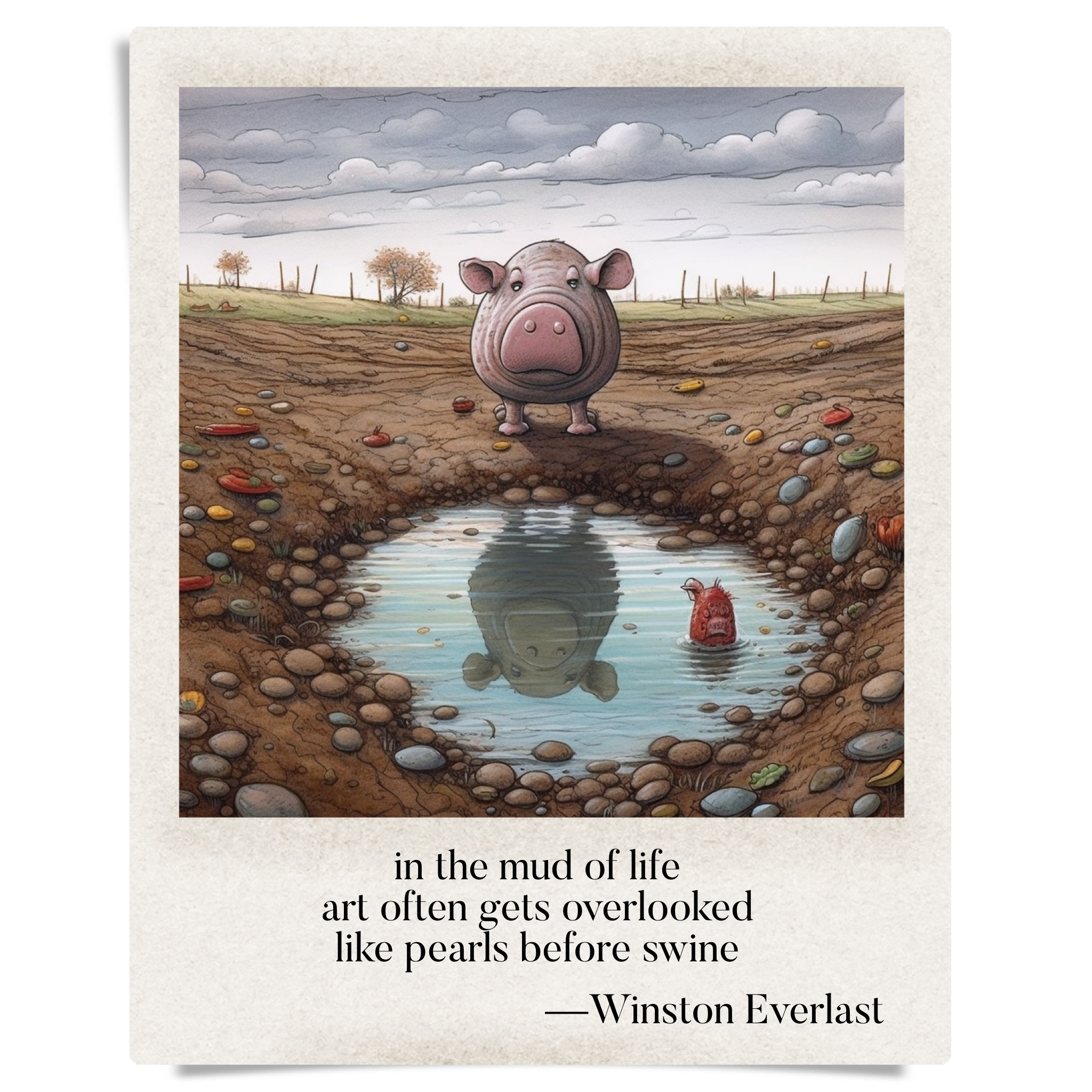 in the mud of life / art often gets overlooked / like pearls before swine — haiga by Winston Everlast