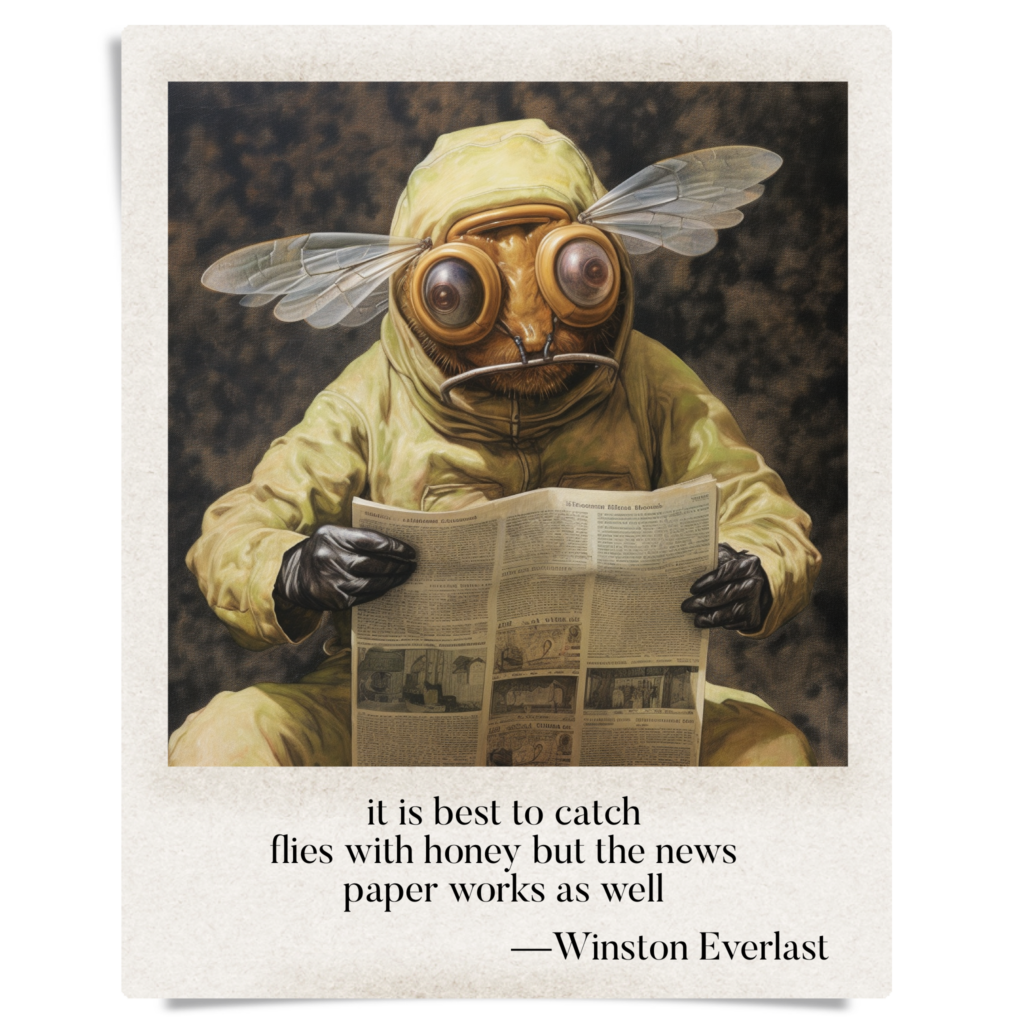 it is best to catch / flies with honey but the news / paper works as well — haiga by Winston Everlast
