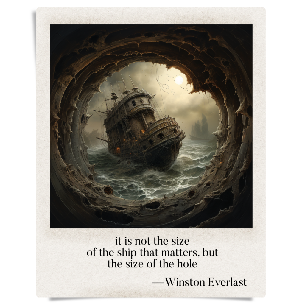 it is not the size / of the ship that matters, but / the size of the hole — haiga by Winston Everlast
