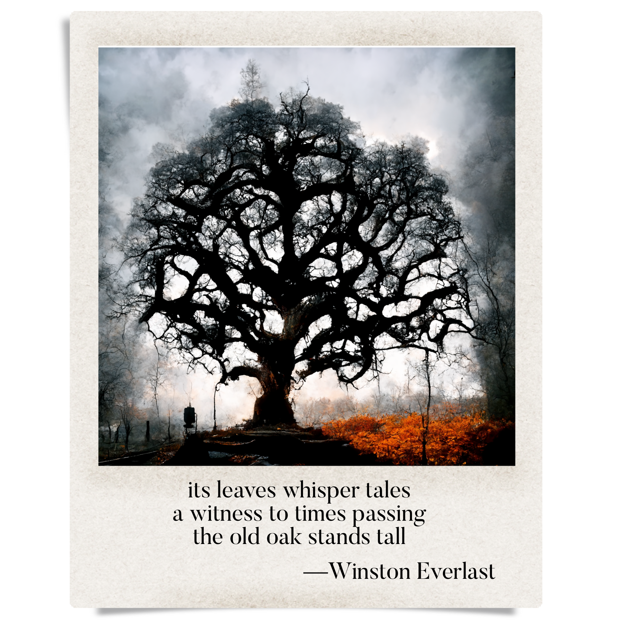 its leaves whisper tales / a witness to times passing / the old oak stands tall — haiga by Winston Everlast