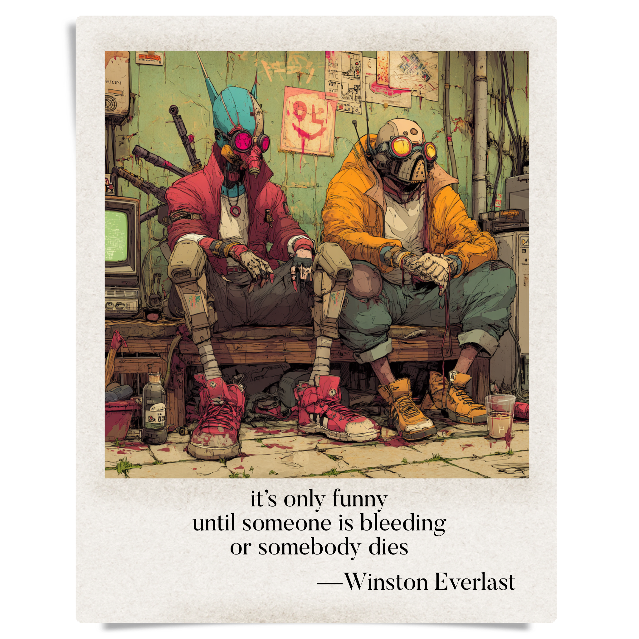 it’s only funny / until someone is bleeding / or somebody dies — haiga by Winston Everlast