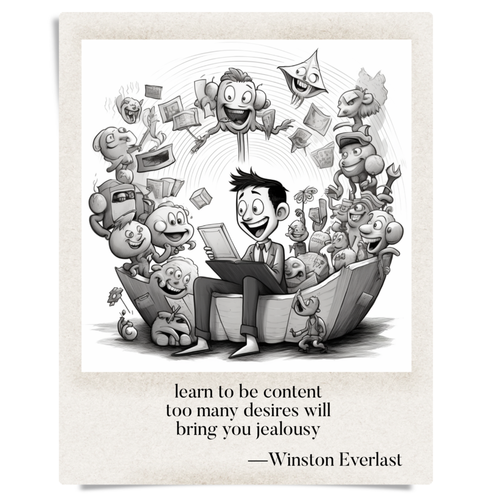 learn to be content / too many desires will / bring you jealousy — haiga by Winston Everlast