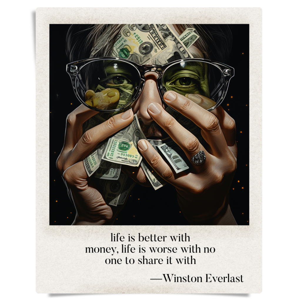 life is better with / money, life is worse with no / one to share it with — haiga by Winston Everlast