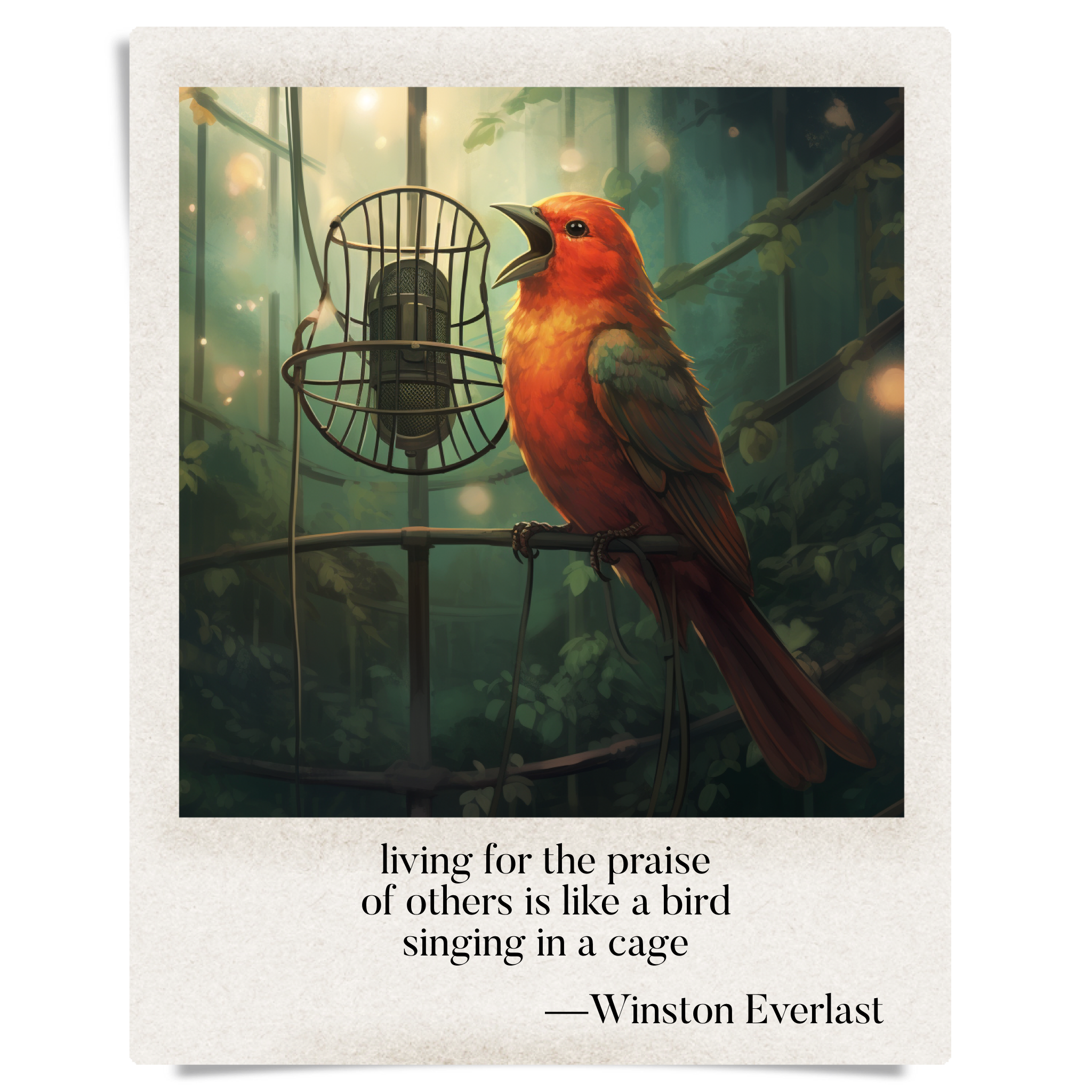 living for the praise / of others is like a bird / singing in a cage — haiga by Winston Everlast