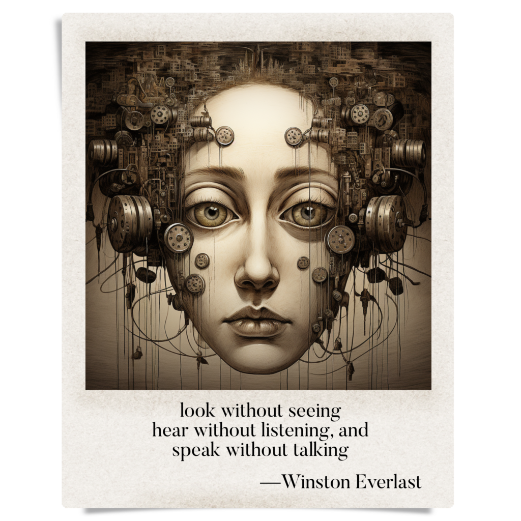 look without seeing / hear without listening, and / speak without talking — haiga by Winston Everlast