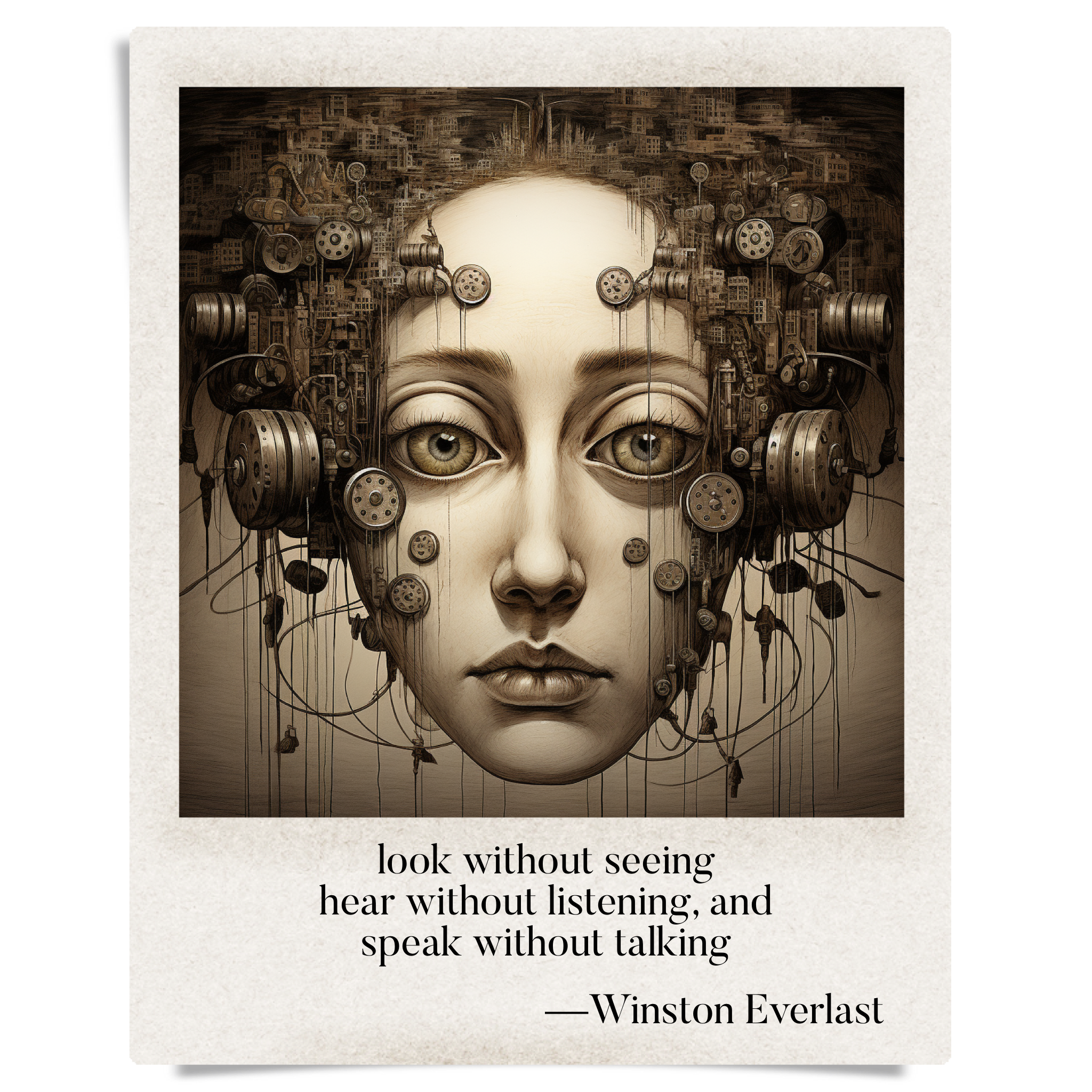 look without seeing / hear without listening, and / speak without talking — haiga by Winston Everlast