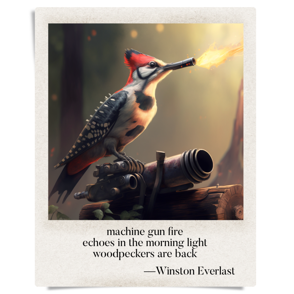 machine gun fire / echoes in the morning light / woodpeckers are back — haiga by Winston Everlast