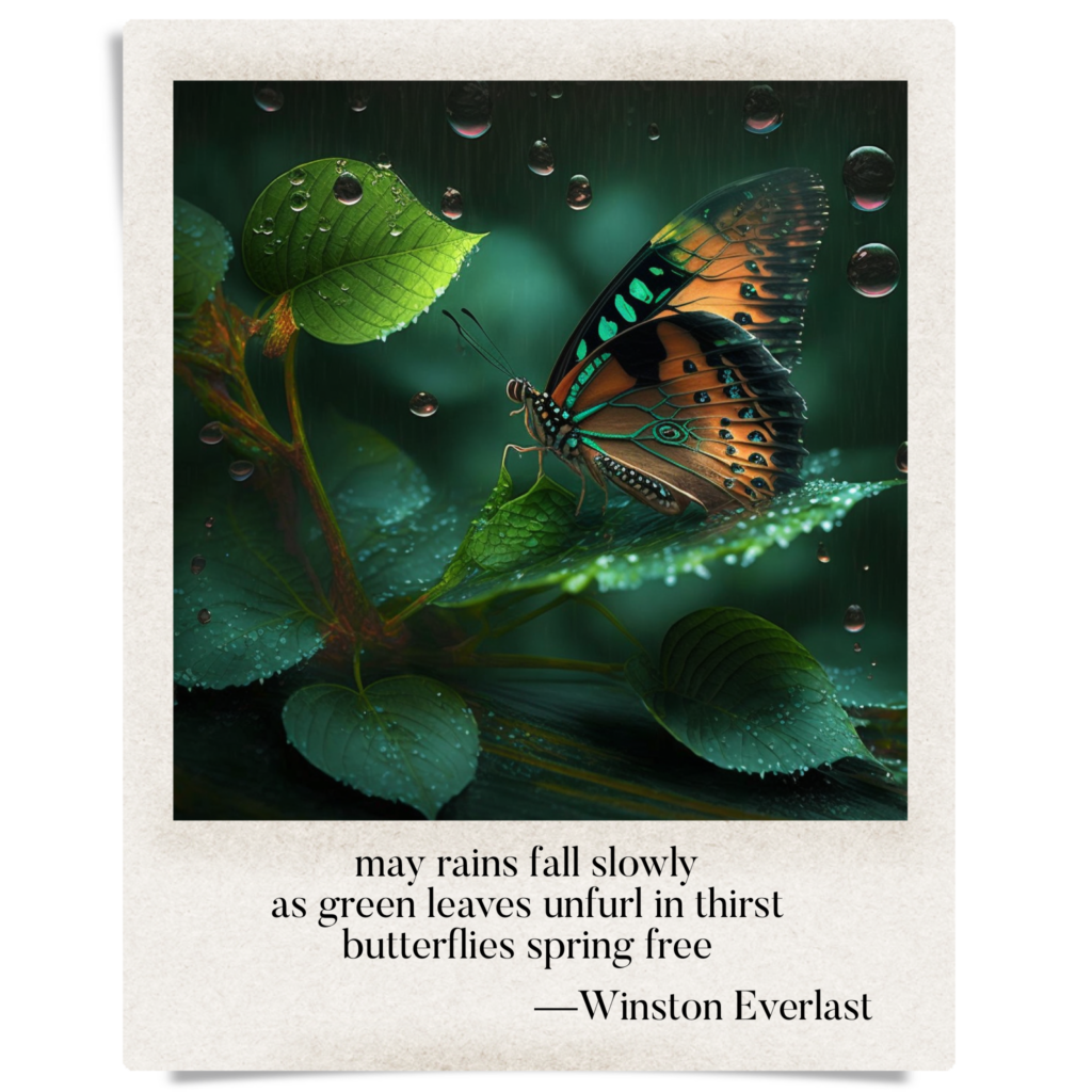 may rains fall slowly / as green leaves unfurl in thirst / butterflies spring free — haiga by Winston Everlast