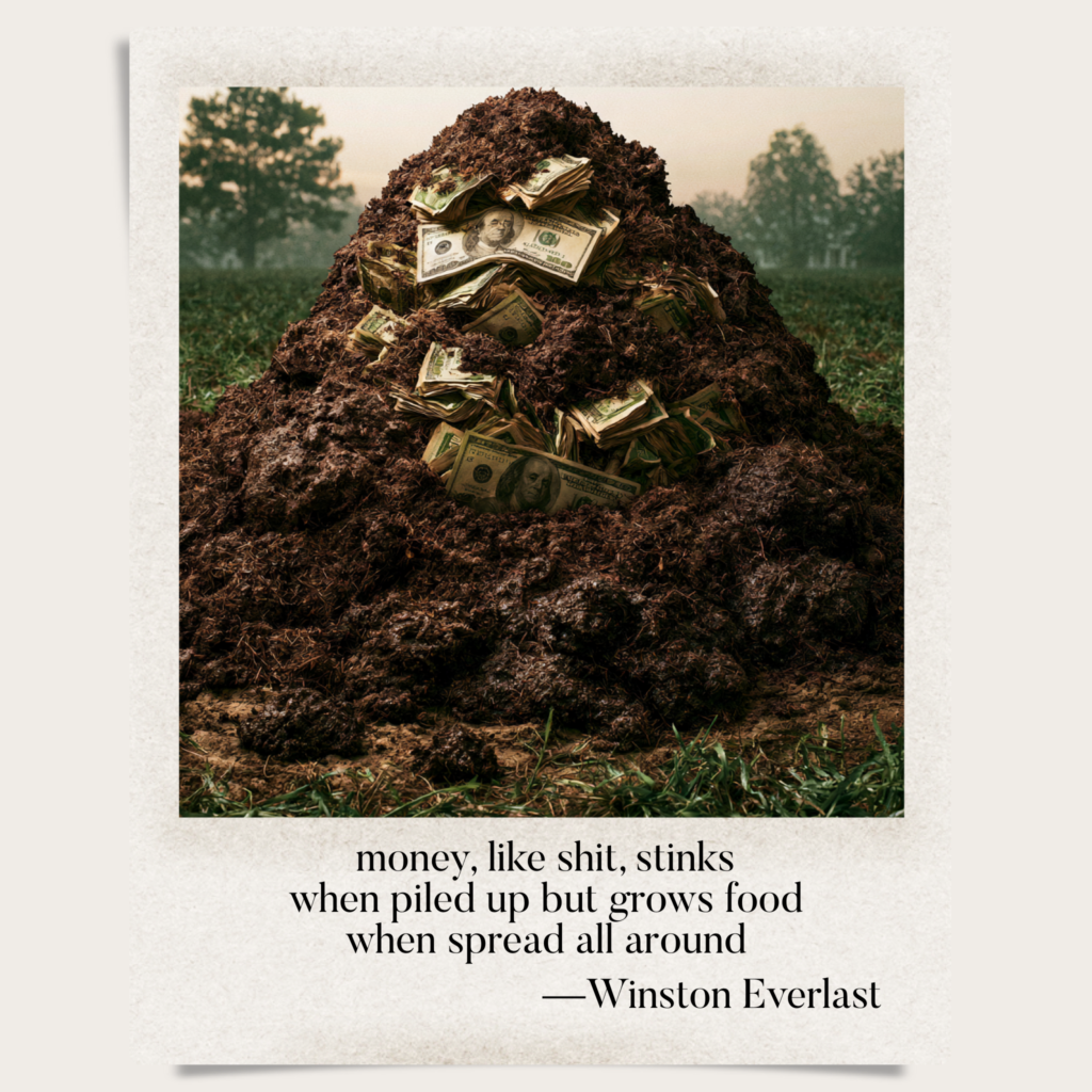 money, like shit, stinks / when piled up but grows food / when spread all around — haiga by Winston Everlast