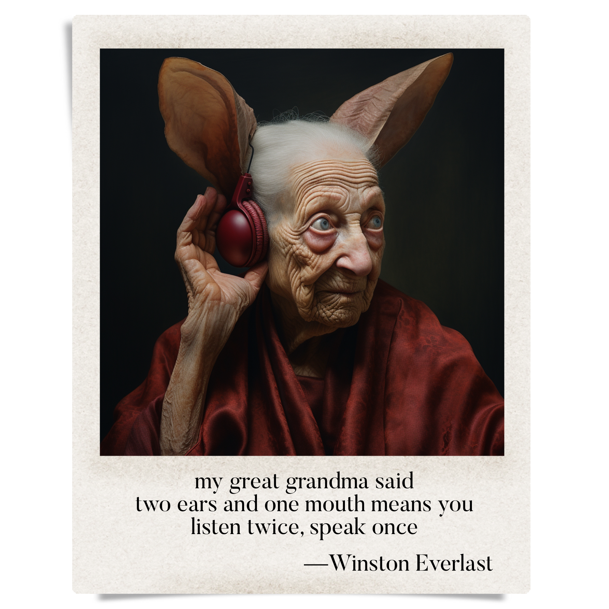 my great grandma said / two ears and one mouth means you / listen twice, speak once — haiga by Winston Everlast