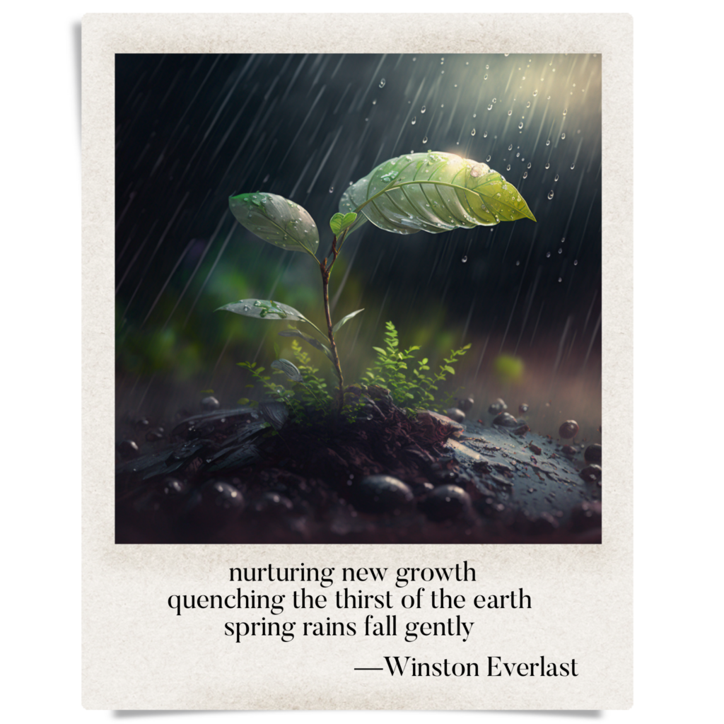 nurturing new growth / quenching the thirst of the earth / spring rains fall gently — haiga by Winston Everlast