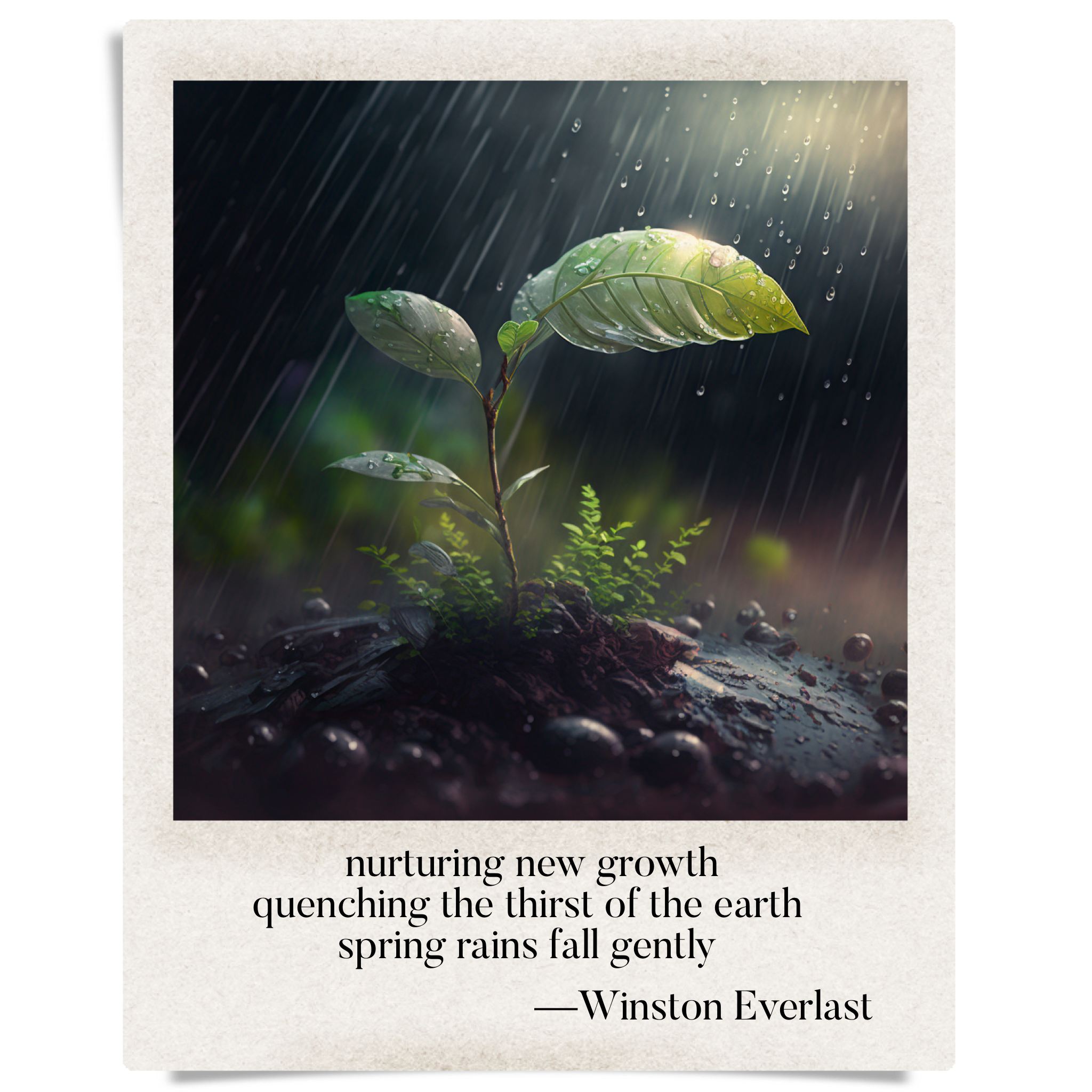 nurturing new growth / quenching the thirst of the earth / spring rains fall gently — haiga by Winston Everlast