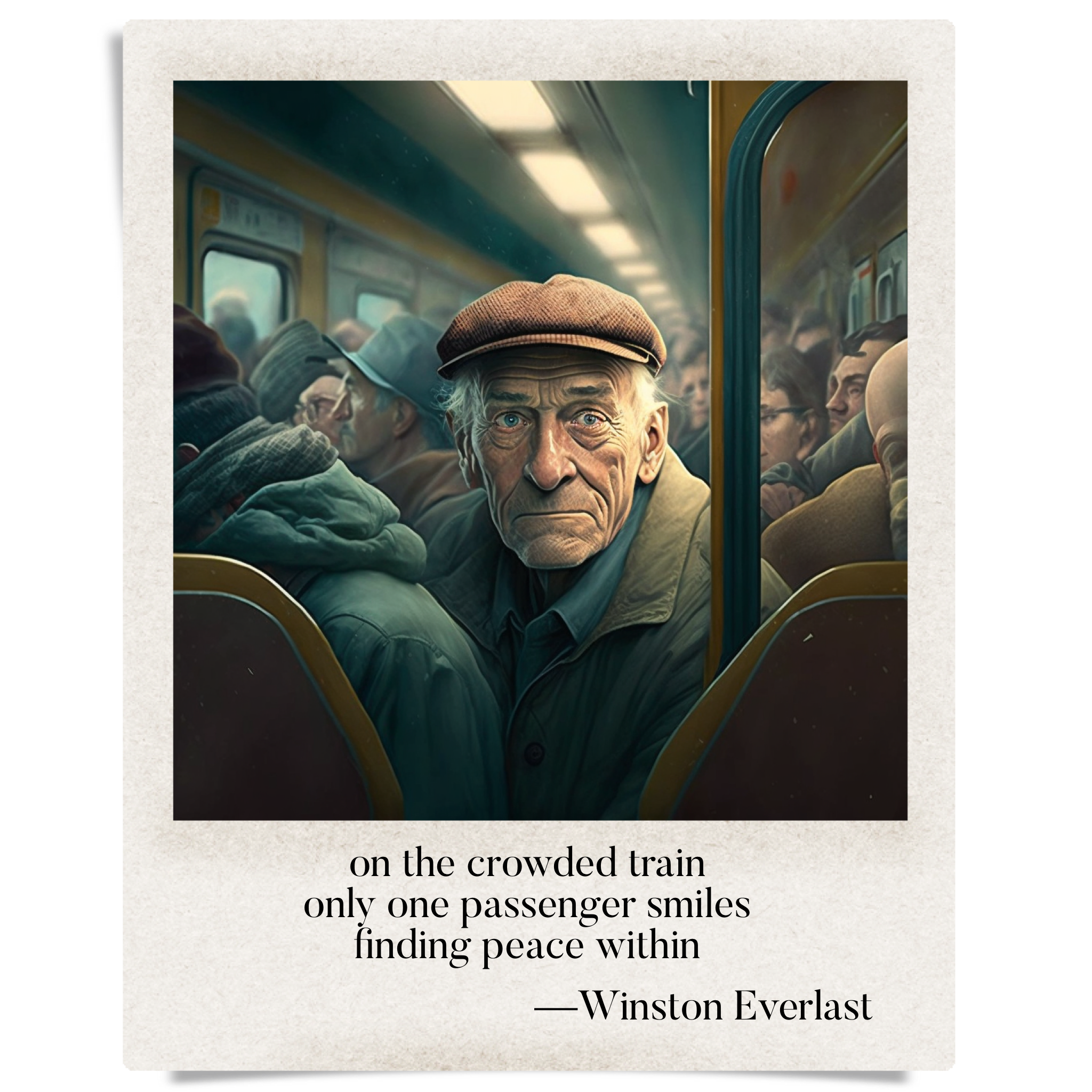 on the crowded train / only one passenger smiles / finding peace within — haiga by Winston Everlast